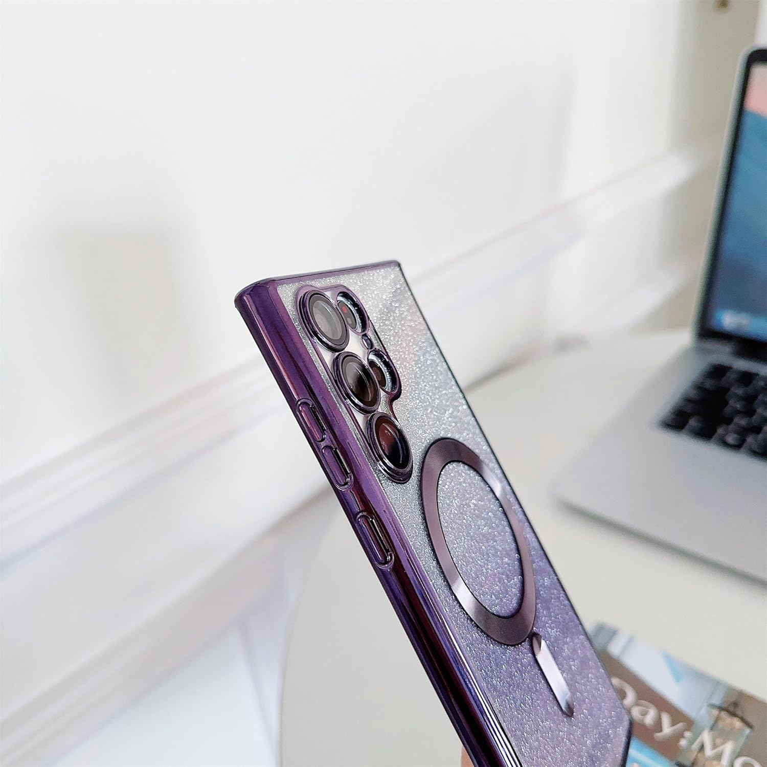 Cyberowl Diseñada para Samsung Galaxy S23 Ultra, funda magnética con purpurina chapada en degradado compatible con MagSafe, con protector de lente