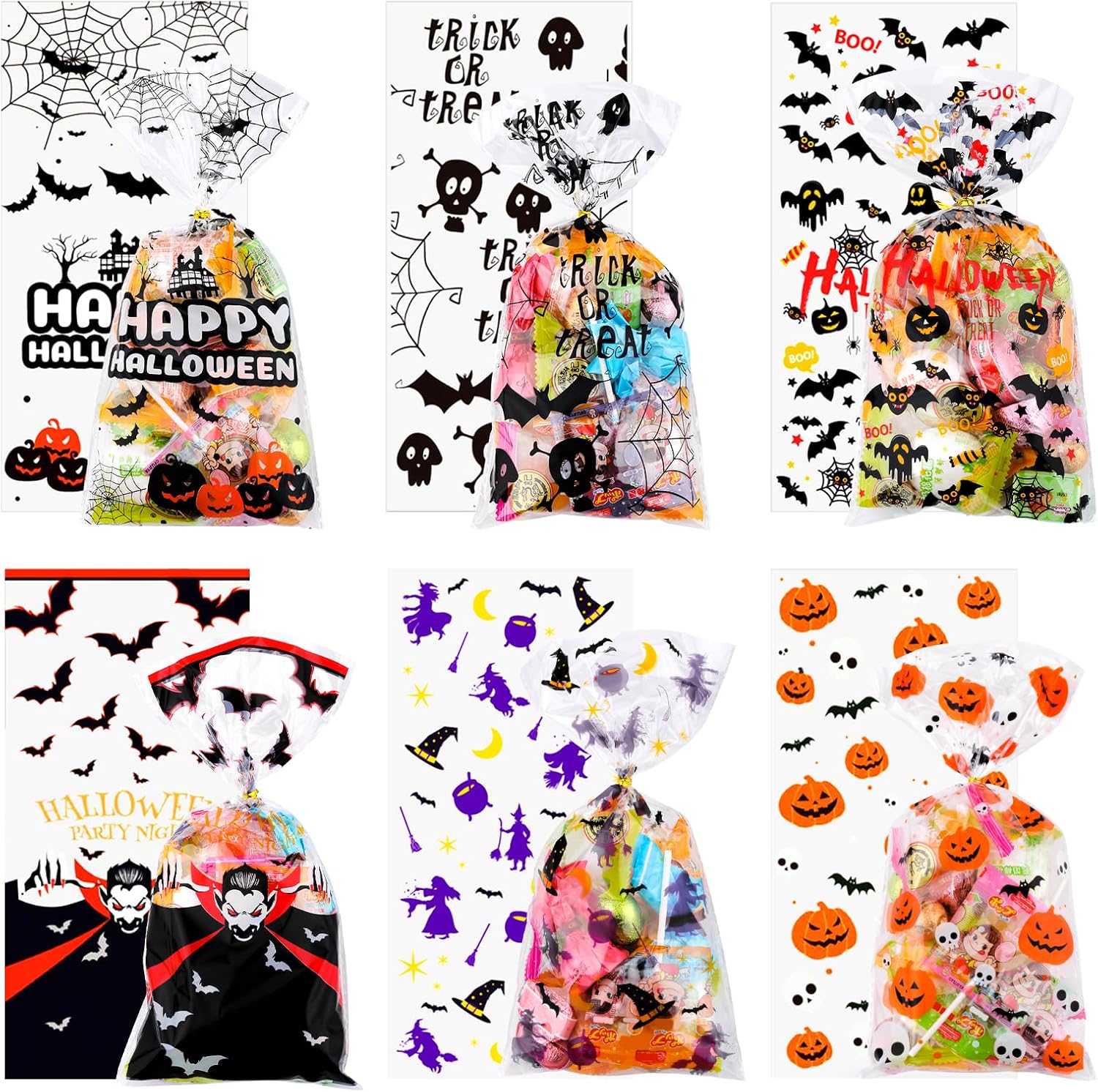 180 bolsas de celofán de Halloween, bolsa de plástico transparente para dulces con lazos dorados para fiestas de Halloween