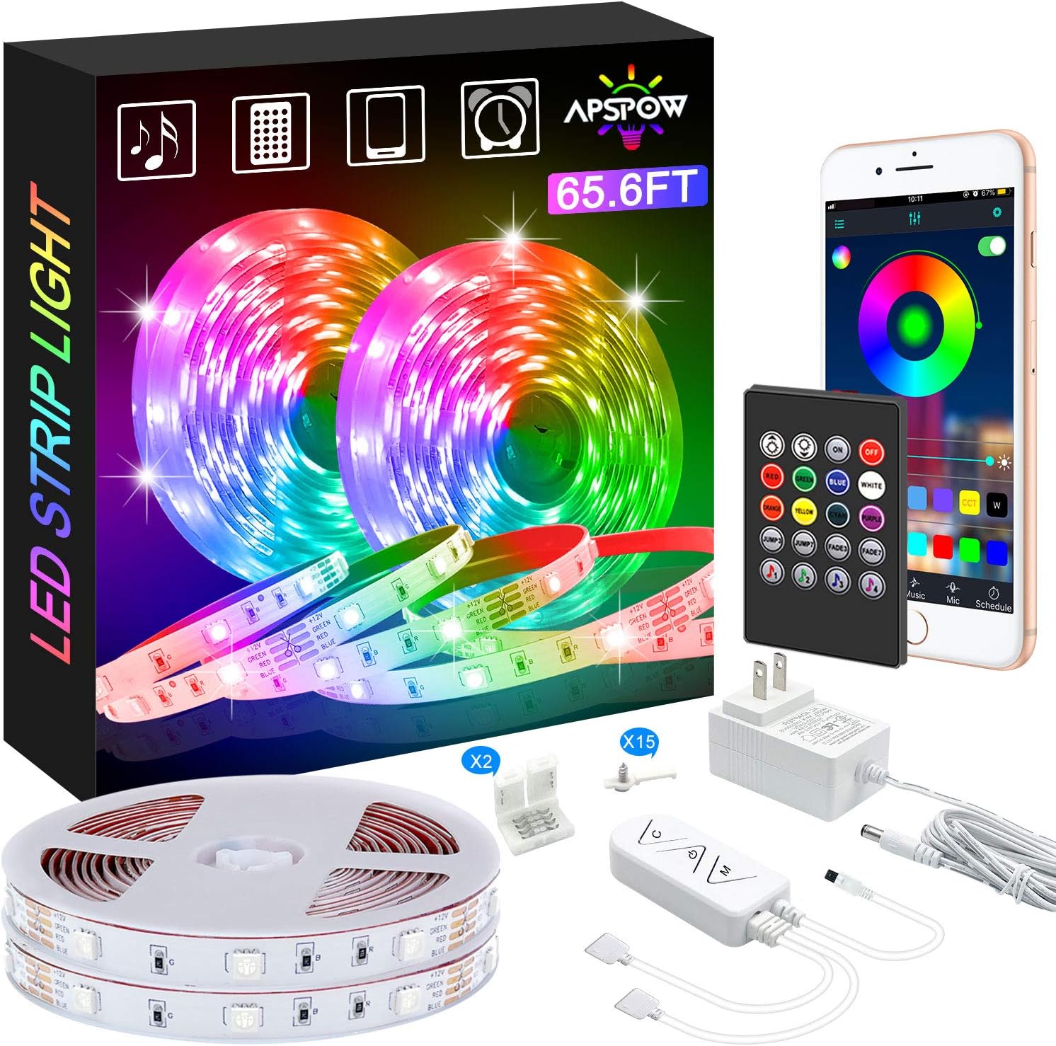 Tira de luces LED, tiras de luz LED de 65.6 pies, multicolor, 5050 luces de cinta LED, sincronización de música, cambio de color, control remoto,