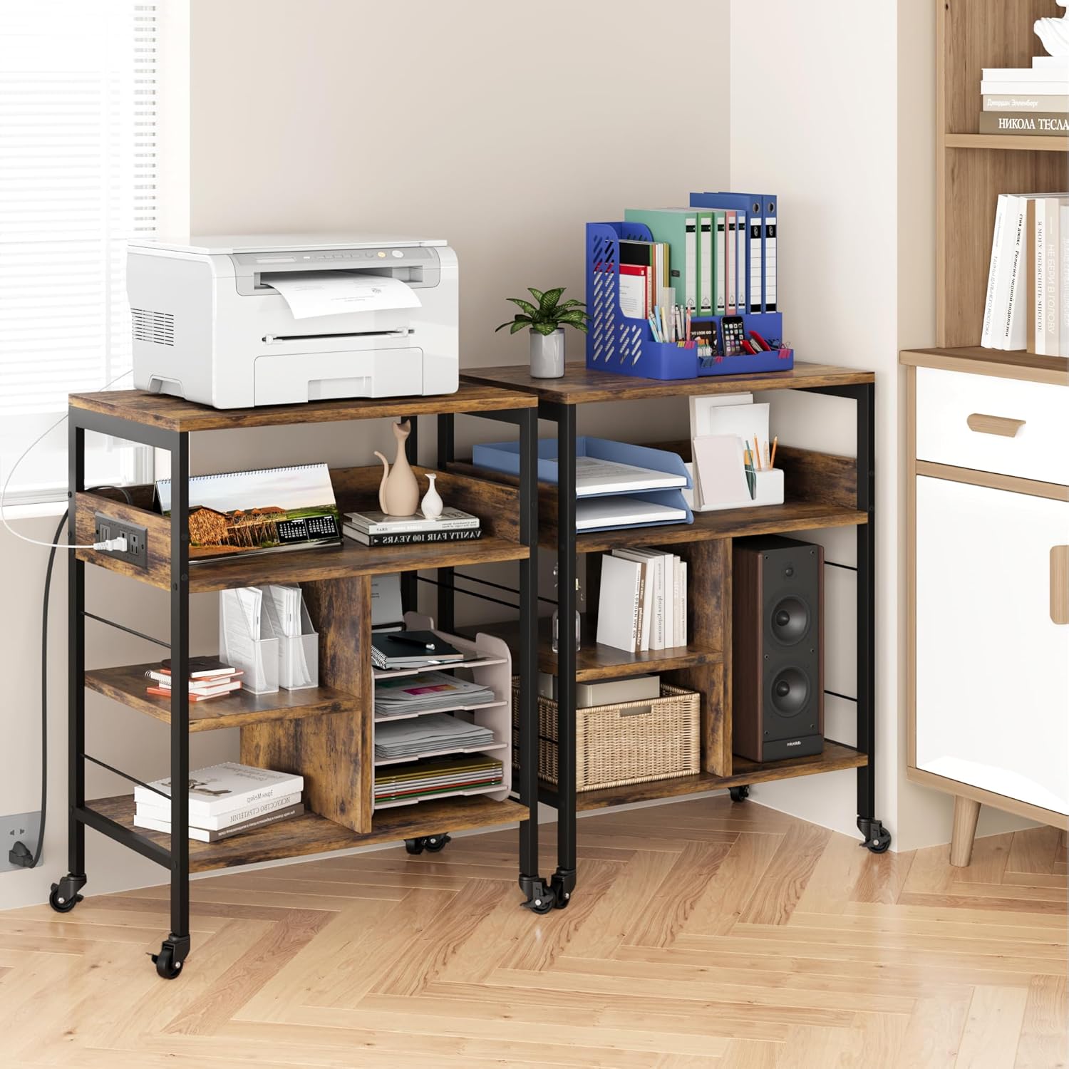 IDEALHOUSE Soporte de impresora grande con tomas de corriente y puertos de carga USB, mesa de impresora móvil con estante de almacenamiento, soporte