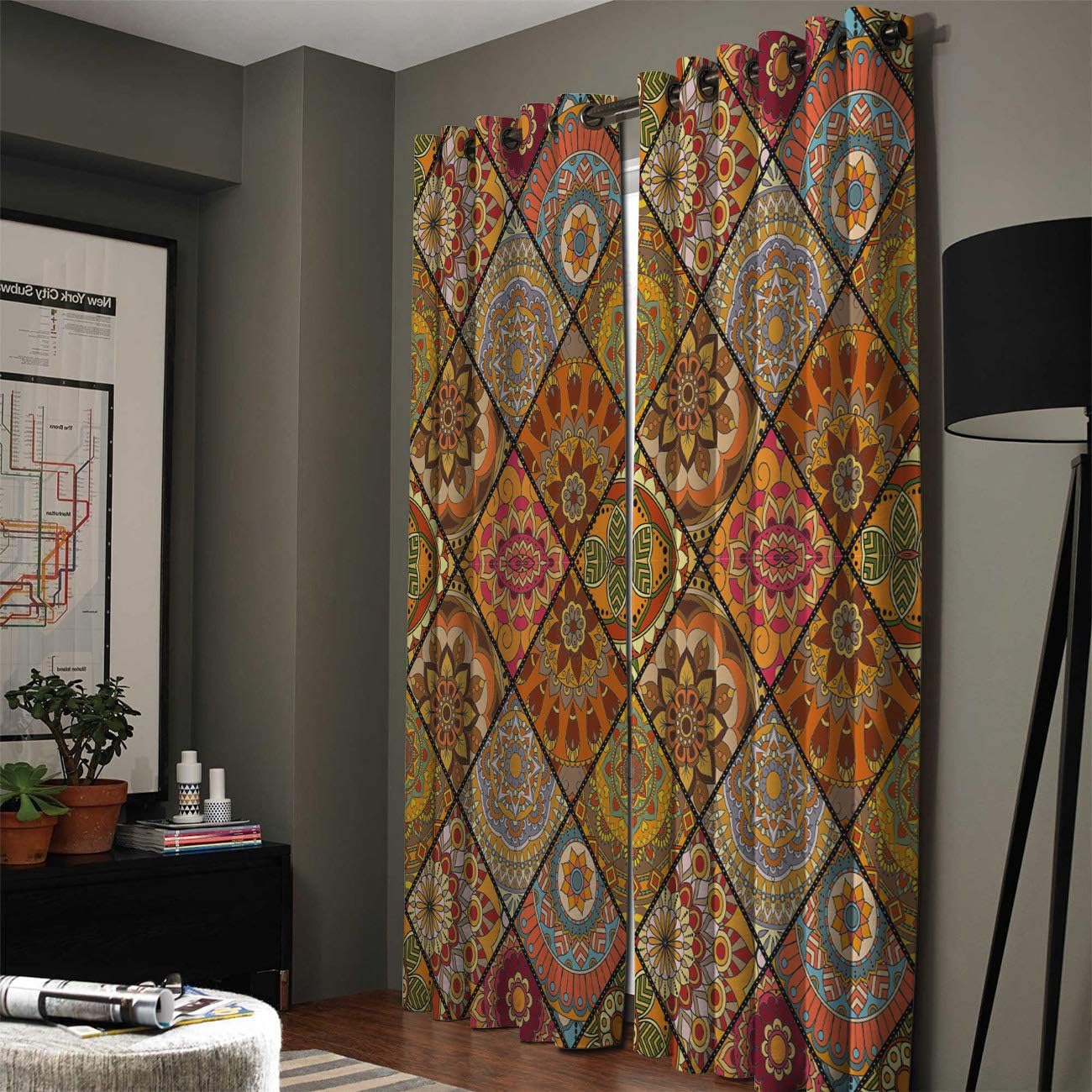FortuneHouse Blackout Curtains Thermal Insulated Ethnic Style Orange Square Pattern Solid Pattern Metal Grommet Elegant Room Drapes Window Curtain