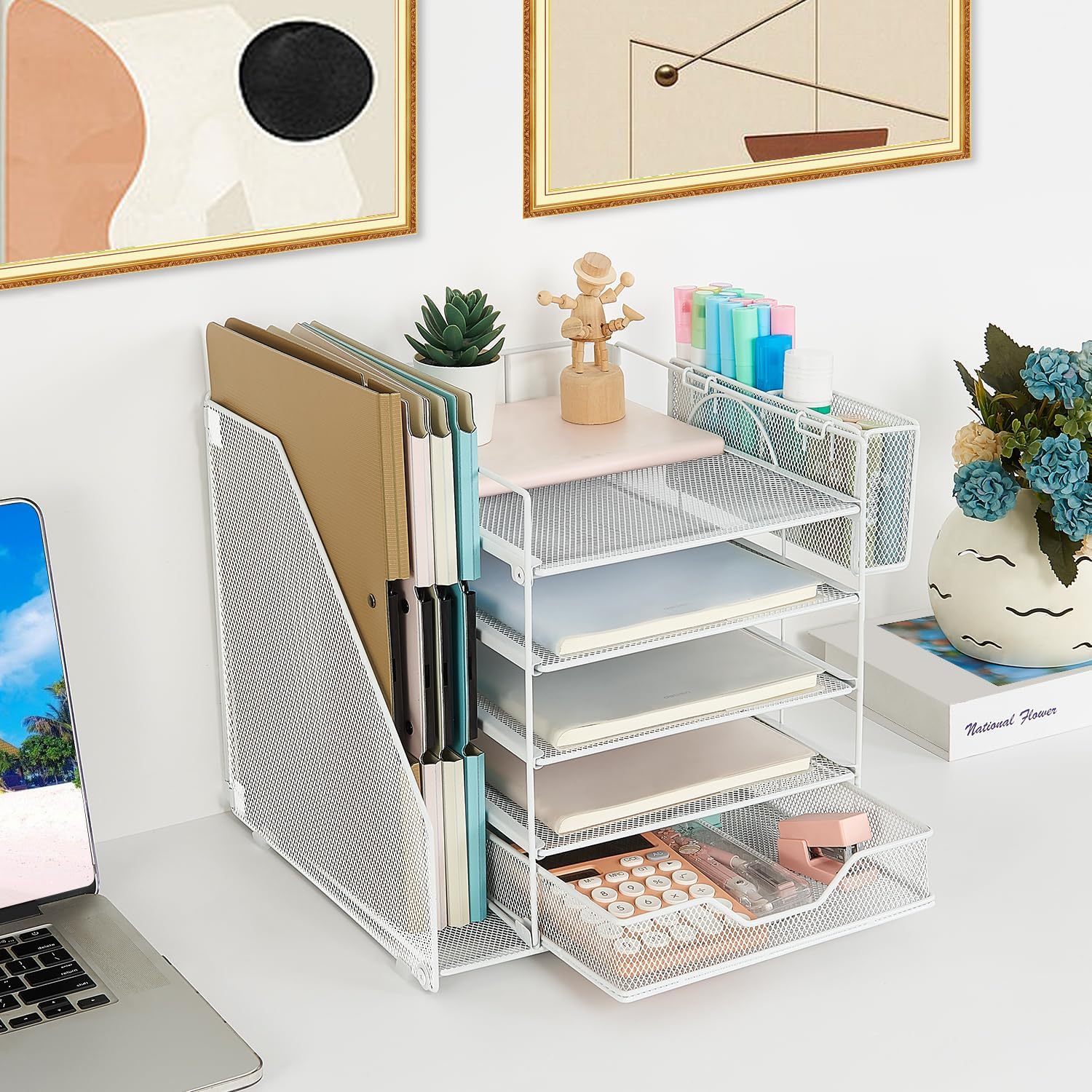 gianotter Organizador de bandeja de papel de 5 niveles con soporte para archivos, organizador de escritorio con cajón y soporte para bolígrafos,