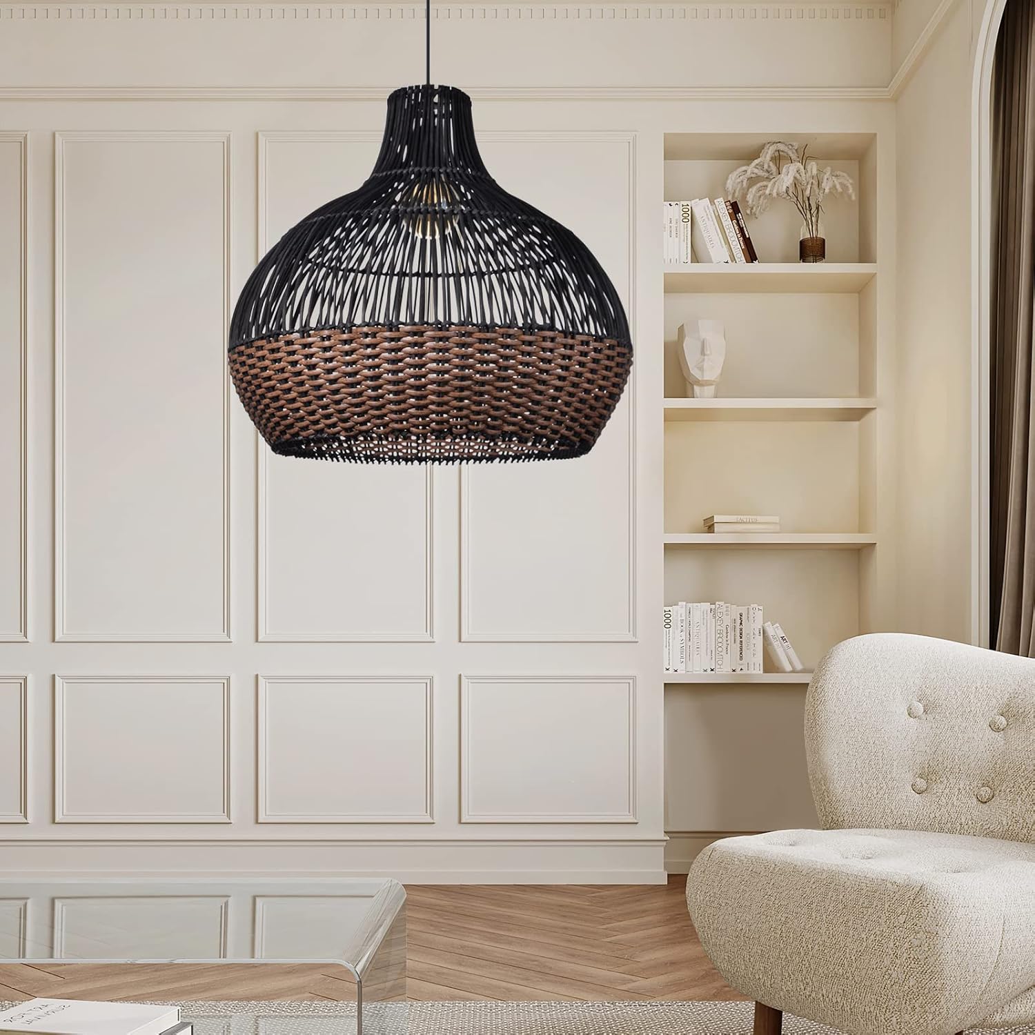 Arturesthome Luces colgantes de ratán negro, lámpara de mimbre estilo bohemio, accesorio de iluminación de cesta, lámpara colgante grande de tejido