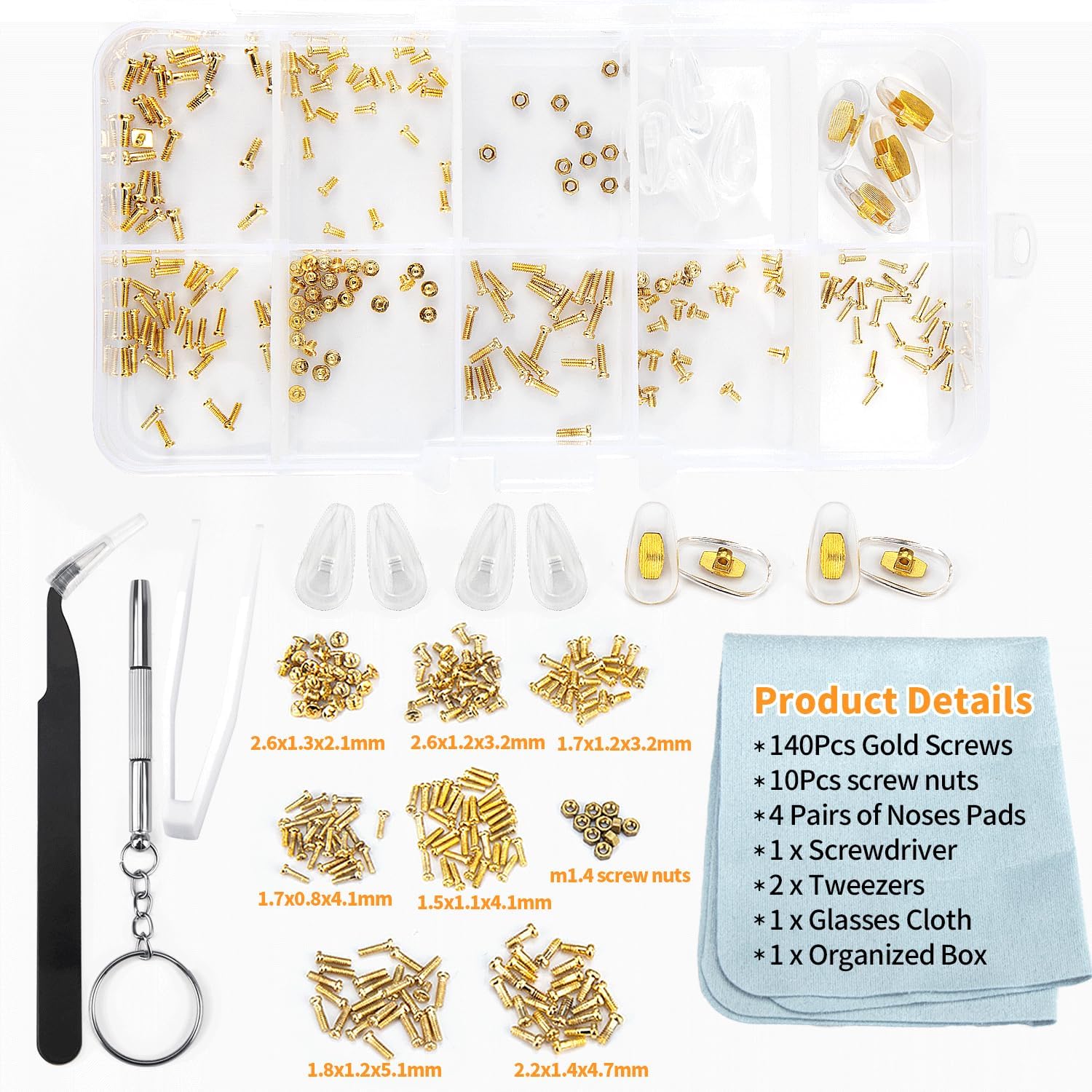 Kit de reparación de gafas, kit de reparación de cristales con tornillos dorados, almohadillas para la nariz, juego de destornilladores y marcos de