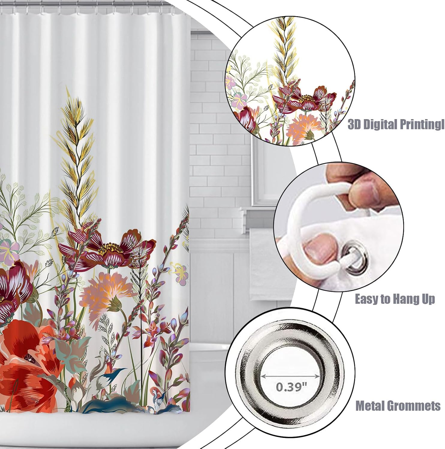 Cortina de ducha floral para baño, cortina de ducha de flores de acuarela con 12 ganchos, decoración de baño para el hogar, bañeras, fácil cuidado,