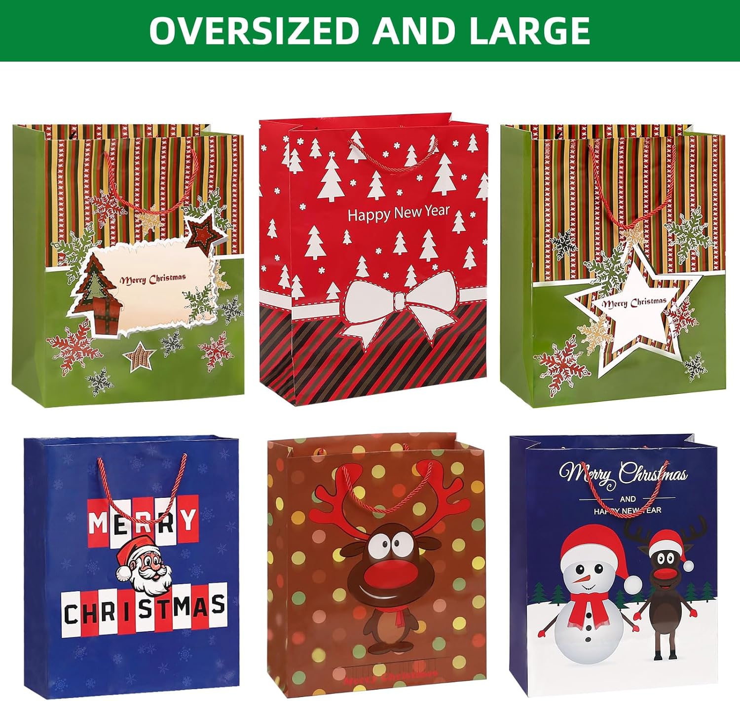 BEISHIDA 24 bolsas de regalo de Navidad de varios tamaños con asas y etiquetas, bolsas de Navidad a granel 6 extra grandes de 16 pulgadas, 6 grandes