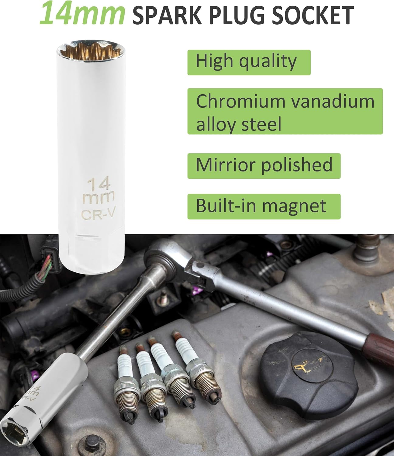 RACOONA Enchufe de bujía de 0.551 in0.630 in, enchufe magnético de pared delgada, accesorios de automóvil, herramienta de extracción de 12 puntos,