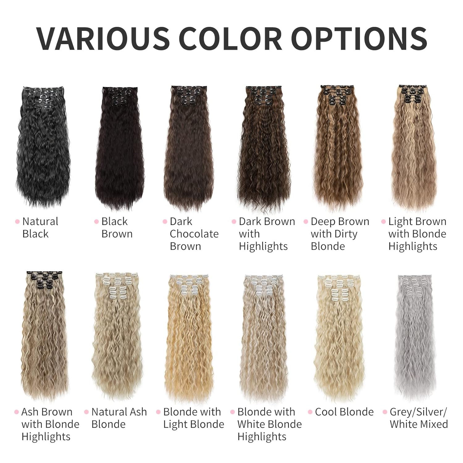 FLUFYMOOZ Extensiones de cabello con pinzas, extensiones de cabello sintético ondulado con clip, 6 unidades, para mujer, 24 pulgadas (rubio ceniza