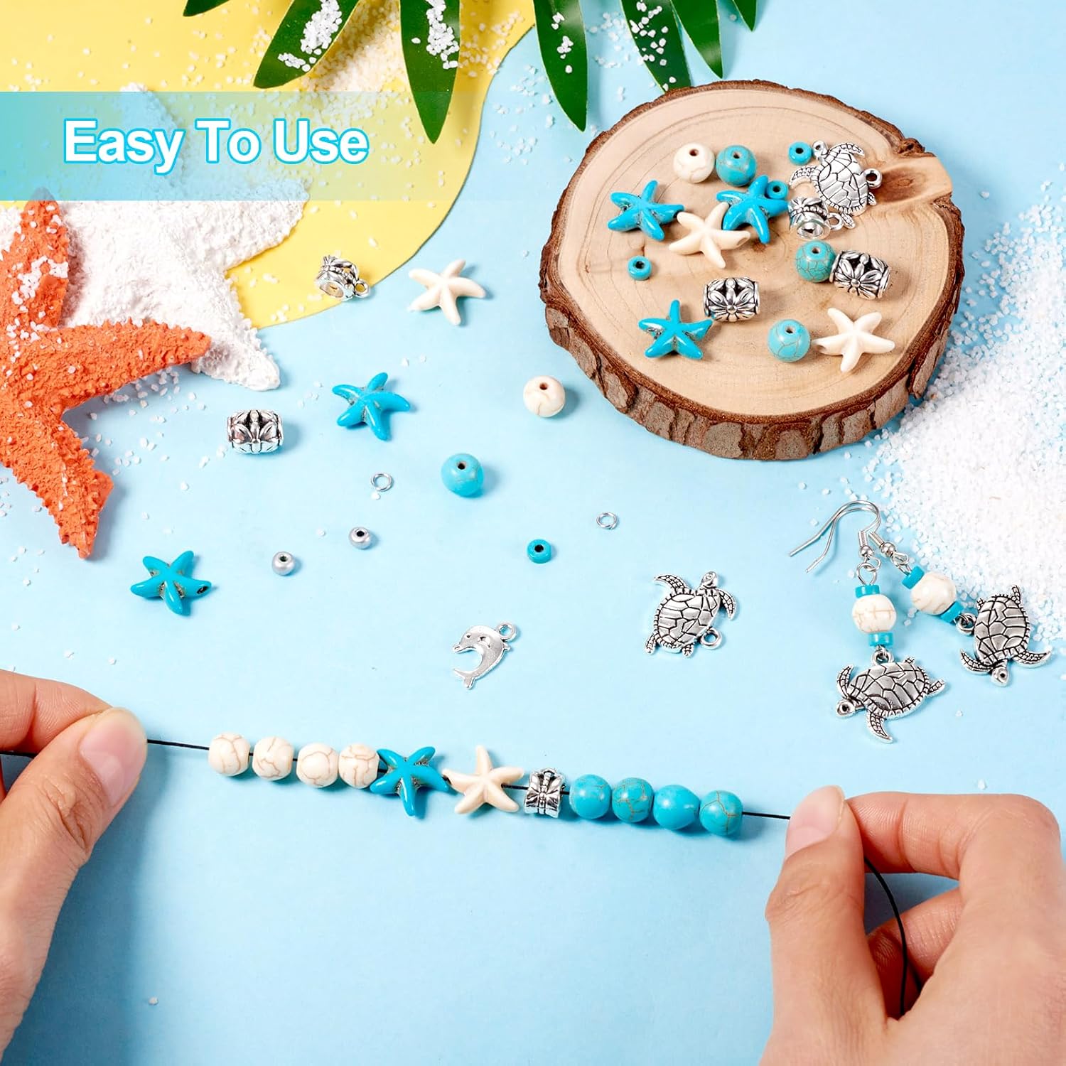 Beadthoven – Juego de 160 piezas de joyería con tema oceánico con cuentas de turquesa, estrella de mar, tortuga, delfín, sirena, colgantes,