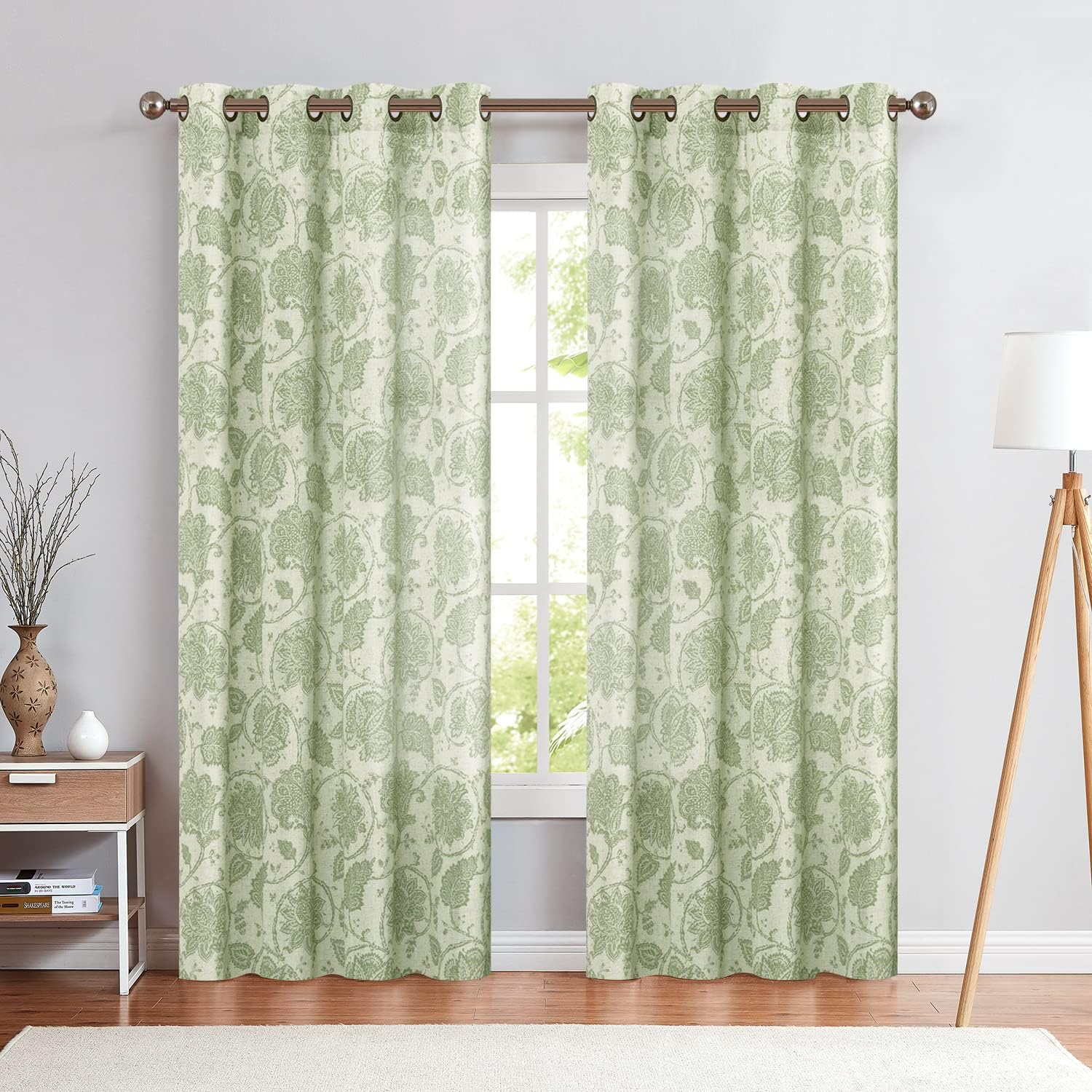 jinchan Cortinas de lino para sala de estar, cortinas con estampado de cachemira floral verde de 84 pulgadas de largo, cortinas Ikat filtrantes de