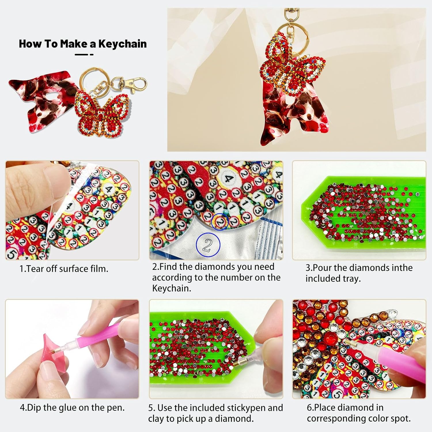 YOYA Llavero de pintura de diamante de mariposa, llavero de letra inicial para mujeres y niñas, bricolaje de doble cara de taladro completo de