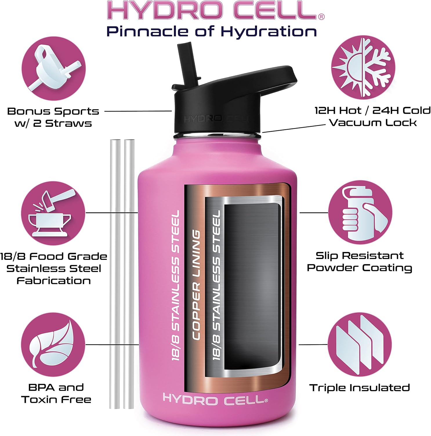 HYDRO CELL – Botella de agua con aislamiento térmico de acero inoxidable con pajilla, para bebidas frías y calientes, termo deportivo con tapón con