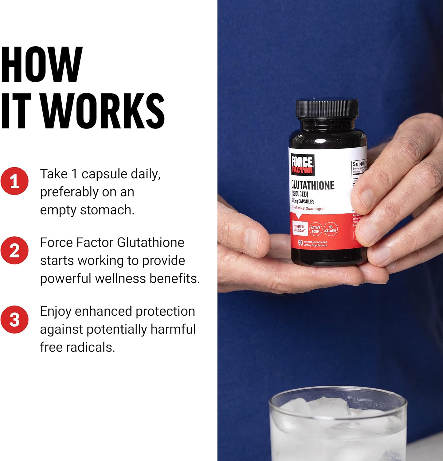 FORCE FACTOR Suplemento de glutatión, suplemento antioxidante con glutatión reducido de 500 mg para una absorción y eficacia superiores, forma