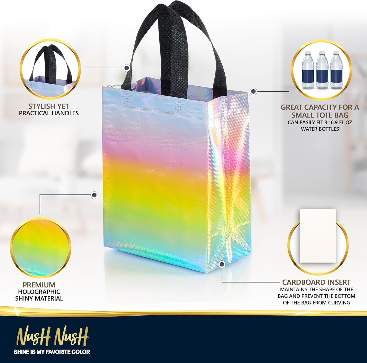 Nush Nush Bolsas de regalo de fantasía  Juego de 12 bolsas reutilizables de arcoíris pastel con acabado iridiscente  Coloridas bolsas holográficas