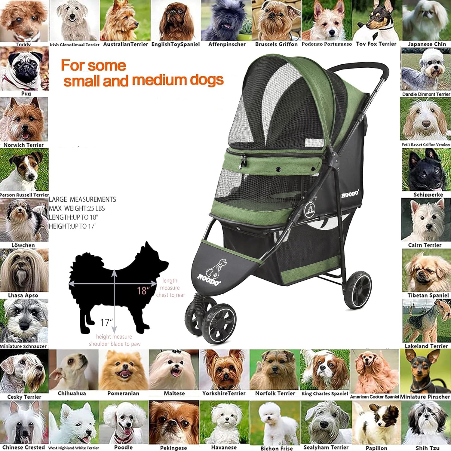 ROODO Cochecito para perros de 3 ruedas, cochecito para mascotas, ligero, plegable, portátil, compacto, equipo para mascotas, cachorro, viaje,