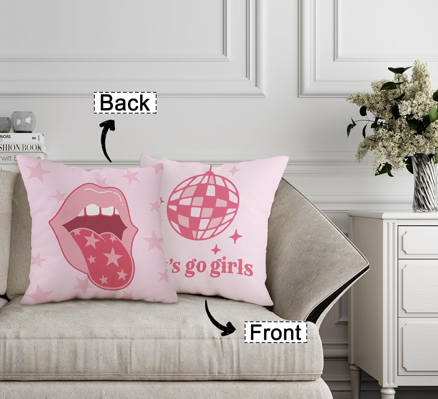 FLDAS Fundas de almohada decorativas reversibles de color rosa intenso de 18 x 18 pulgadas, fundas de almohada de labios con bola de discoteca para