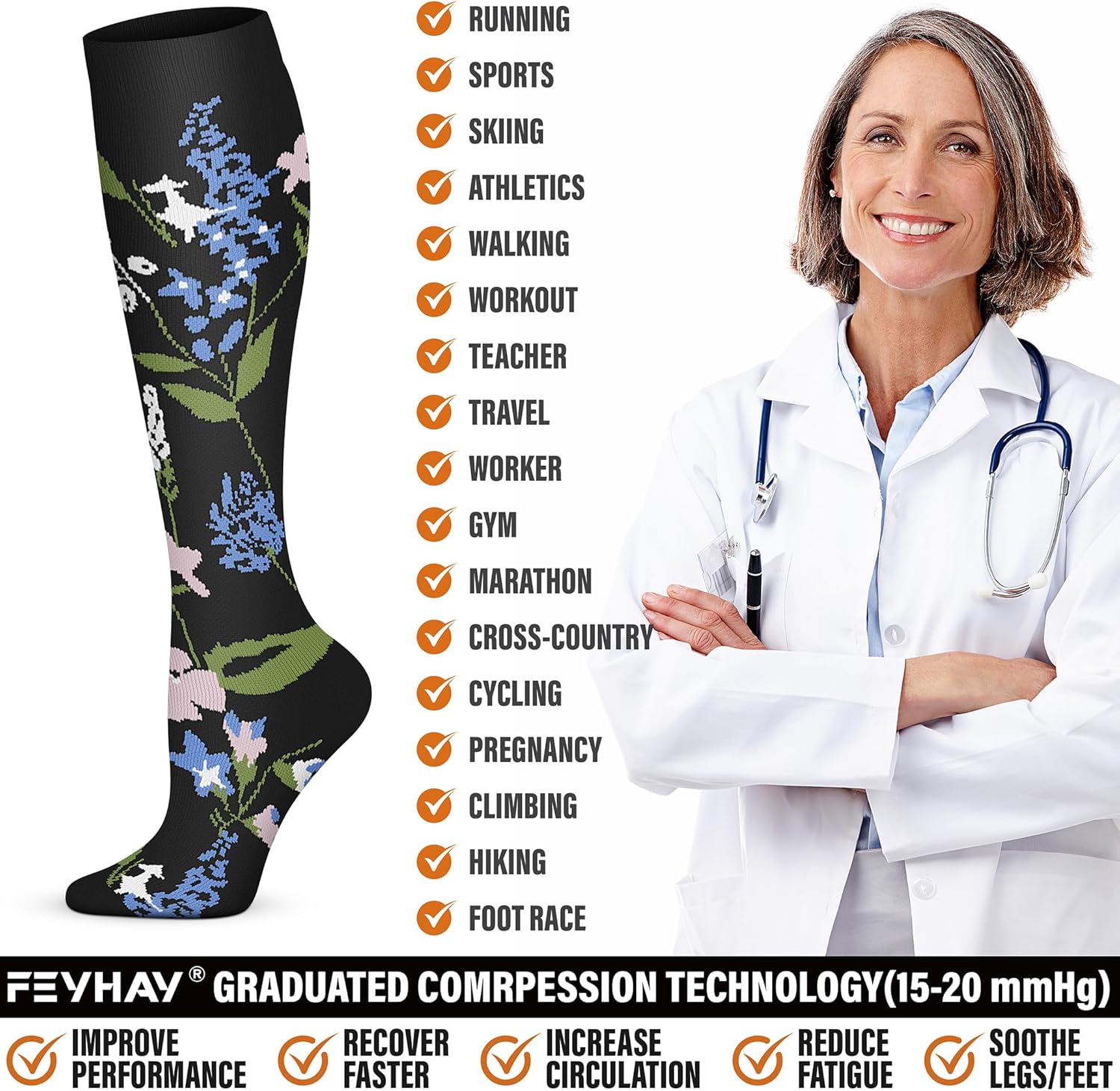 FEYHAY Calcetines de compresión de cobre (5 pares) de 15-20 mmHg, la circulación es la mejor atlética y diaria para hombres y mujeres, correr,