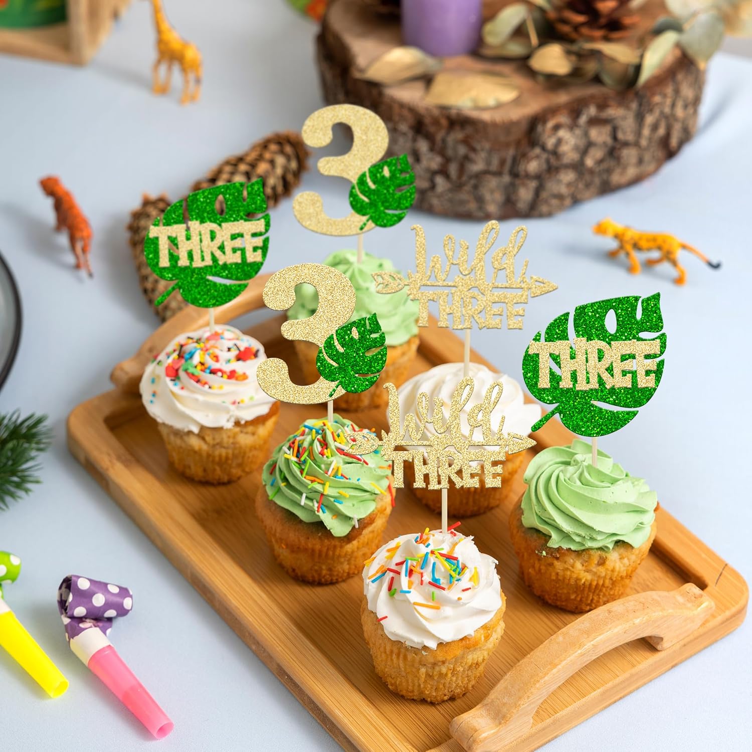 Paquete de 24 adornos para cupcakes de hojas de Monstera con purpurina de safari en la selva, tres púas para cupcakes número 3, decoración de