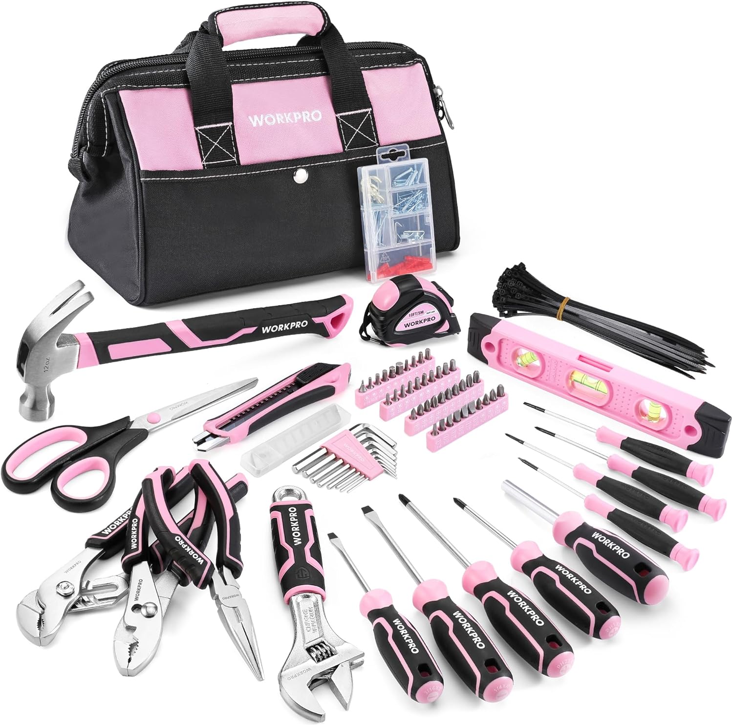 WORKPRO Juego de herramientas rosadas, 277 piezas de bolsas de herramientas de mano esenciales de apartamento con bolsa de almacenamiento abierta de