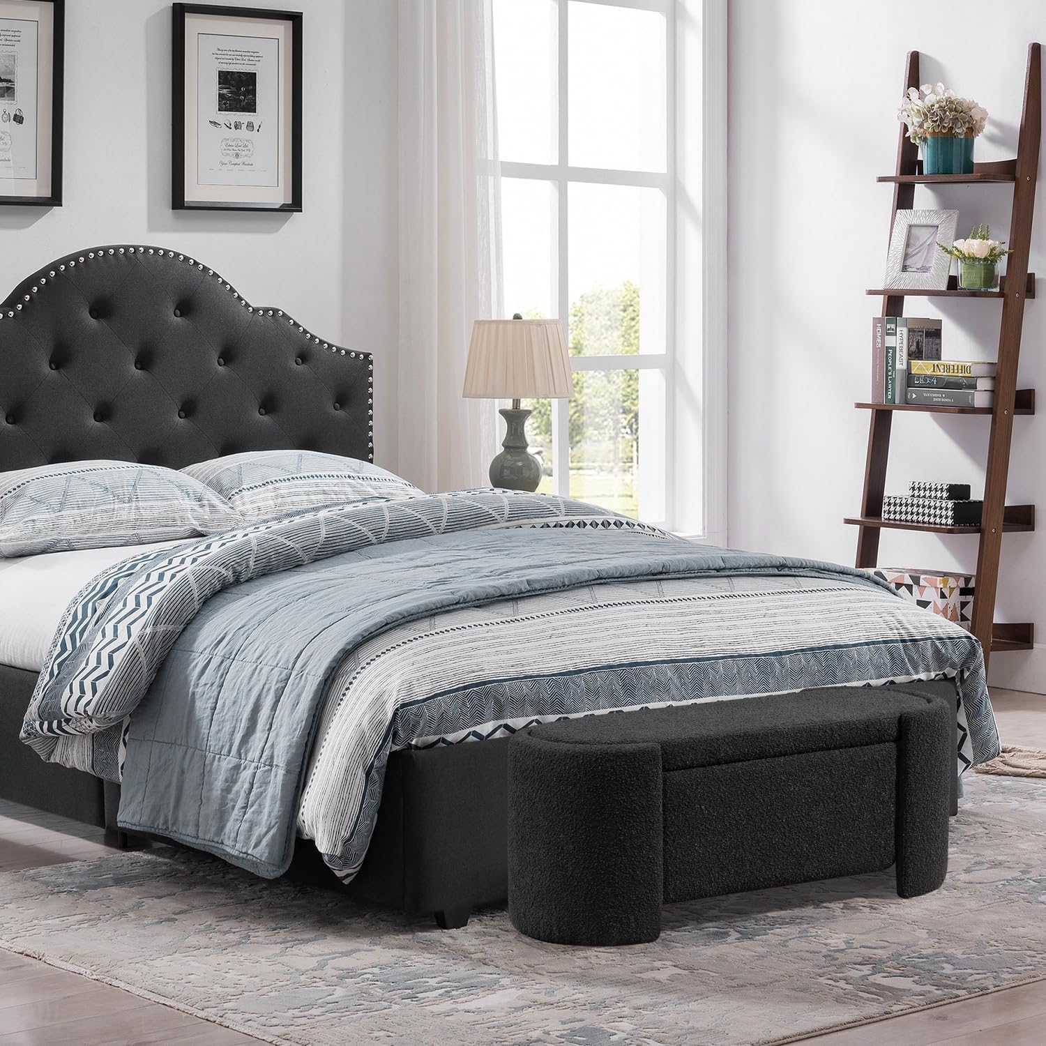 DecoraFlex Boucle Banco de almacenamiento negro, banco otomano tapizado moderno de 43.4 pulgadas, extremo de cama con bisagra de seguridad, banco