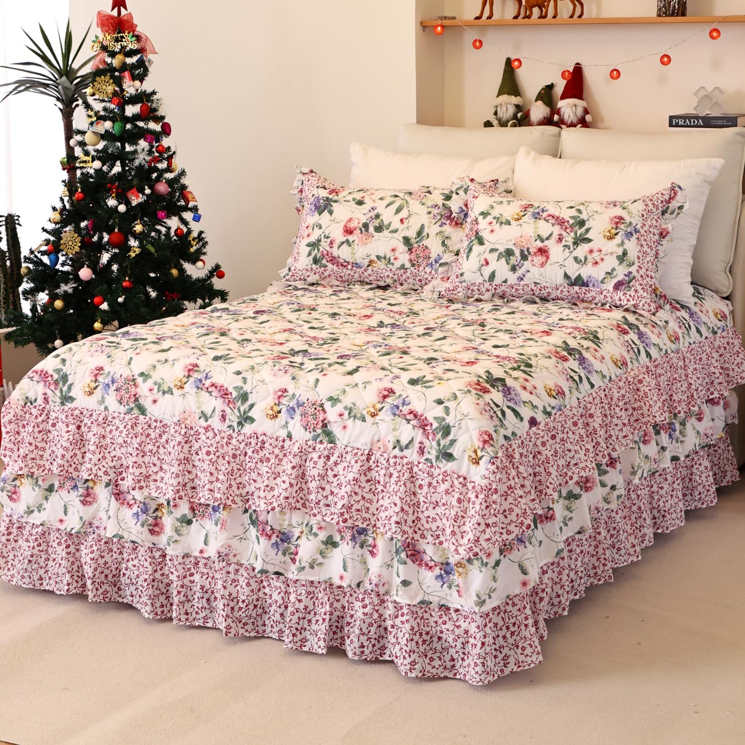 EVENHUG Falda de cama 100% algodón, tamaño matrimonial, con volantes, color rosa, floral, con 2 fundas de almohada de 20 pulgadas, falda de cama de