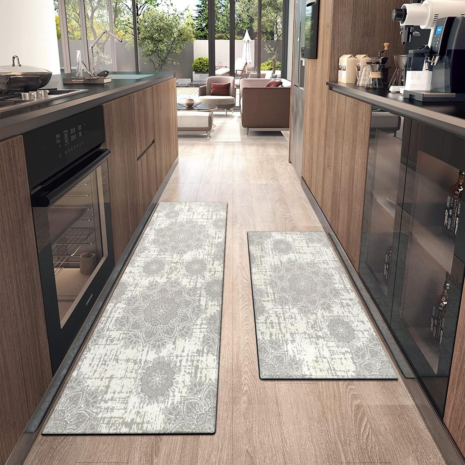 Faptoena Juego de 2 alfombras de cocina con diseño bohemio de mandala, alfombras y tapetes de cocina bohemios con medallón floral, antideslizantes,