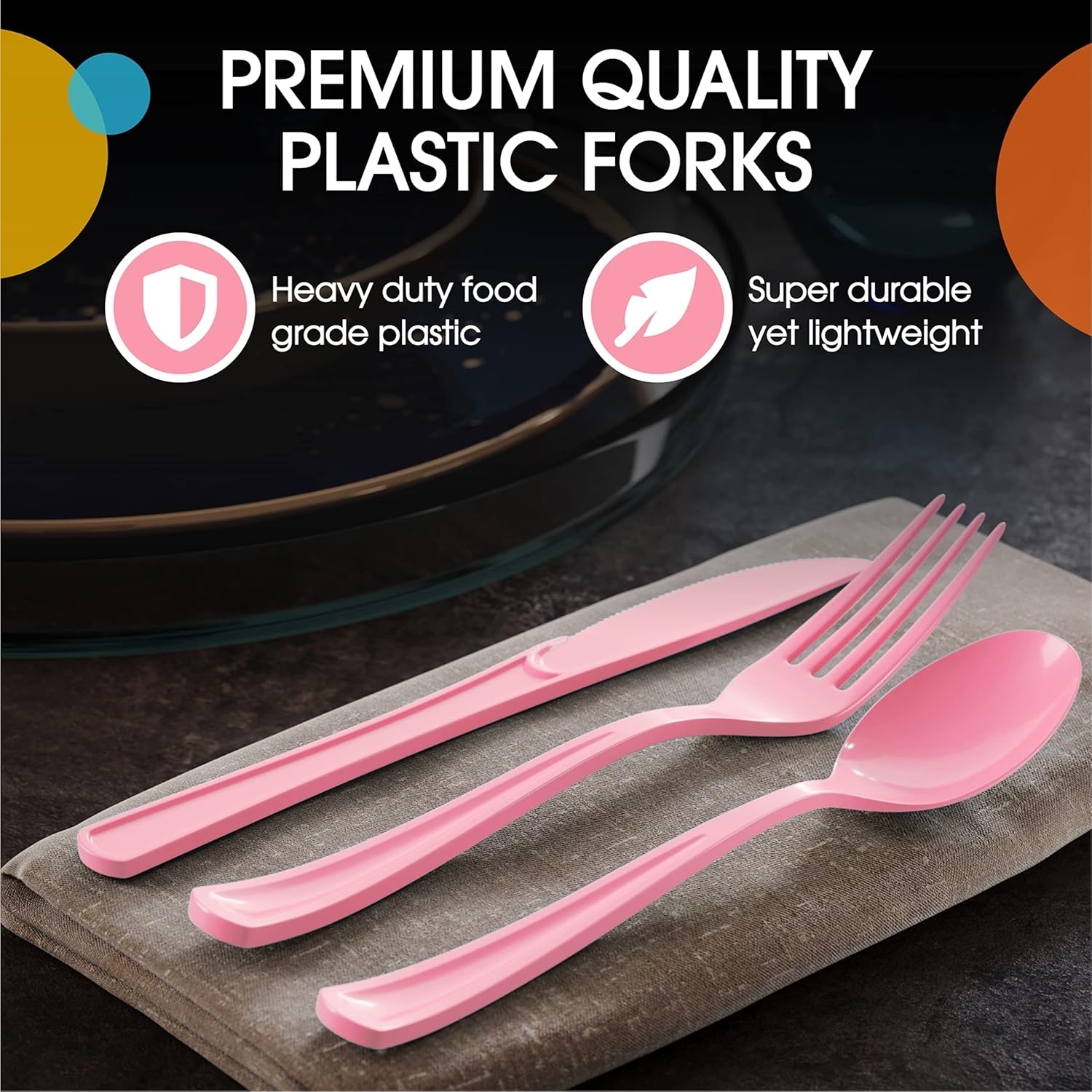 Tenedores desechables de plástico rosa, 100 piezas, cubiertos desechables de plástico rosa resistente, cubiertos desechables rosados, cubiertos de