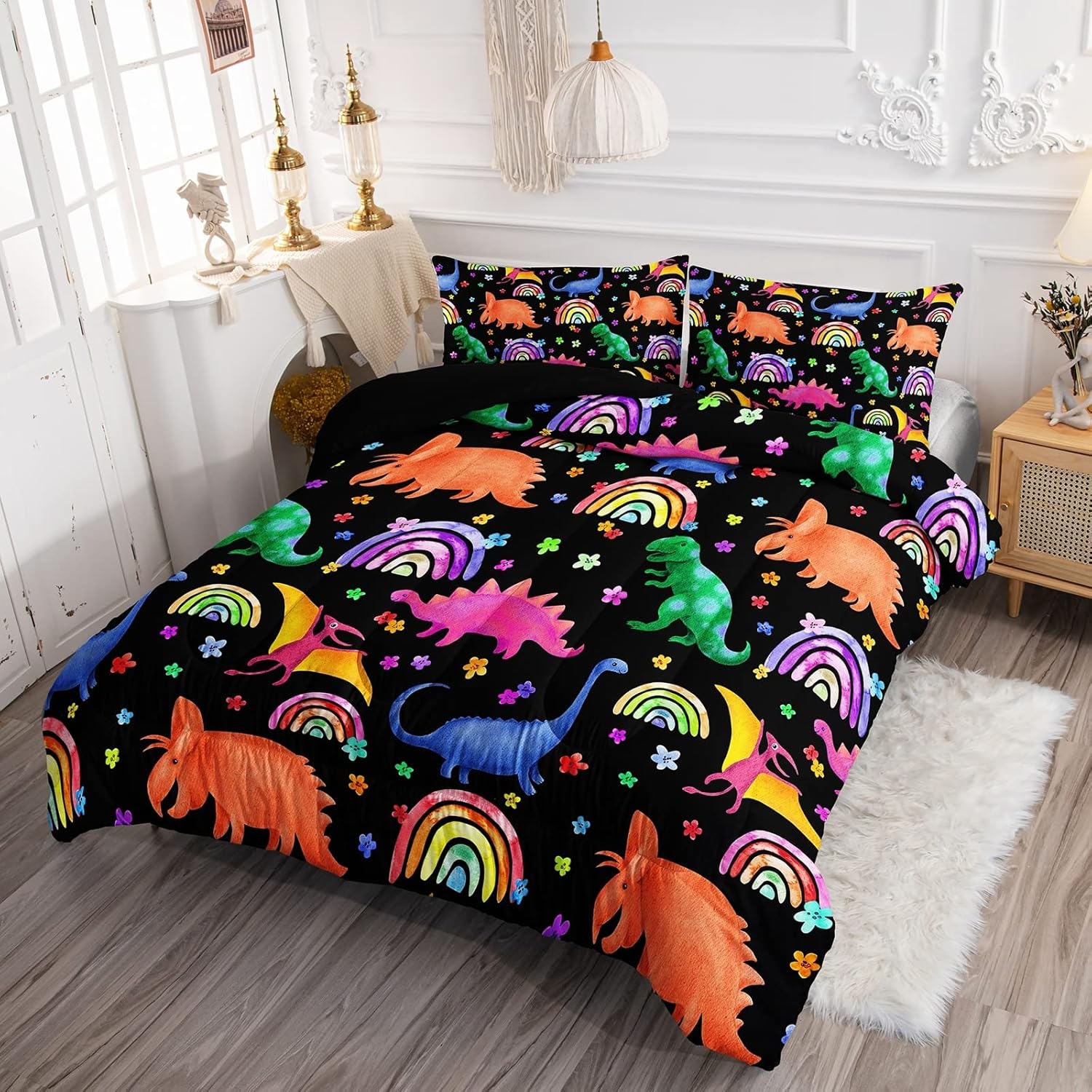 Juego de edredón de dinosaurio arcoíris para niños, colorido juego de ropa de cama para niños, edredón de dinosaurio de dibujos animados con flores
