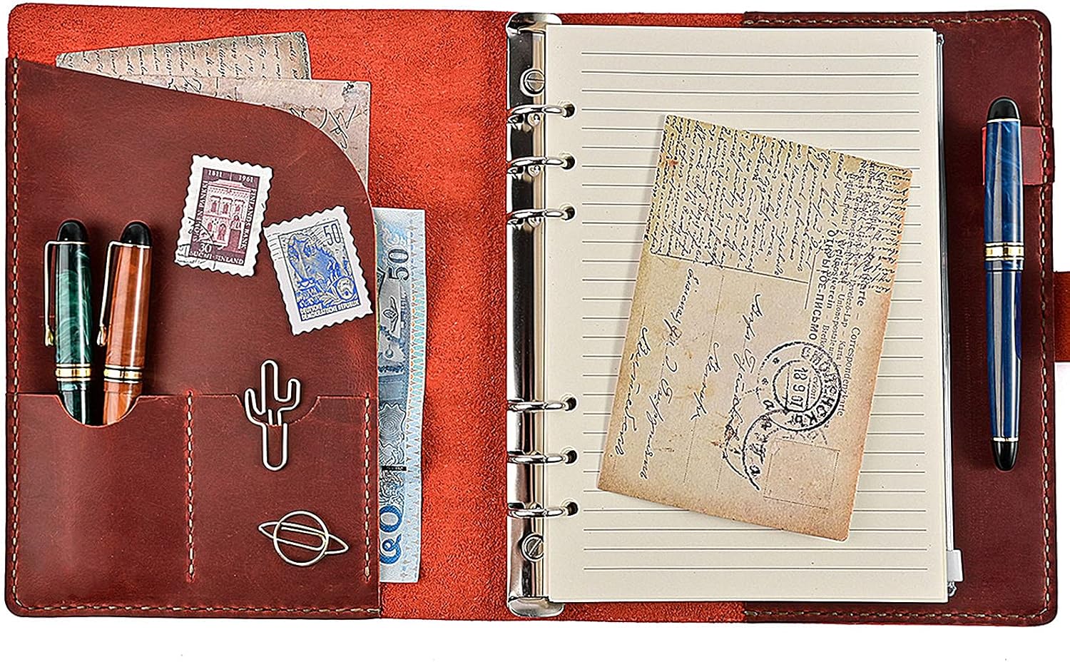 Cuaderno de cuero recargable, 9 x 7.5 pulgadas, diario de escritura de cuero A5 con forro, hecho a mano, vintage de 6 anillas, organizador de diario