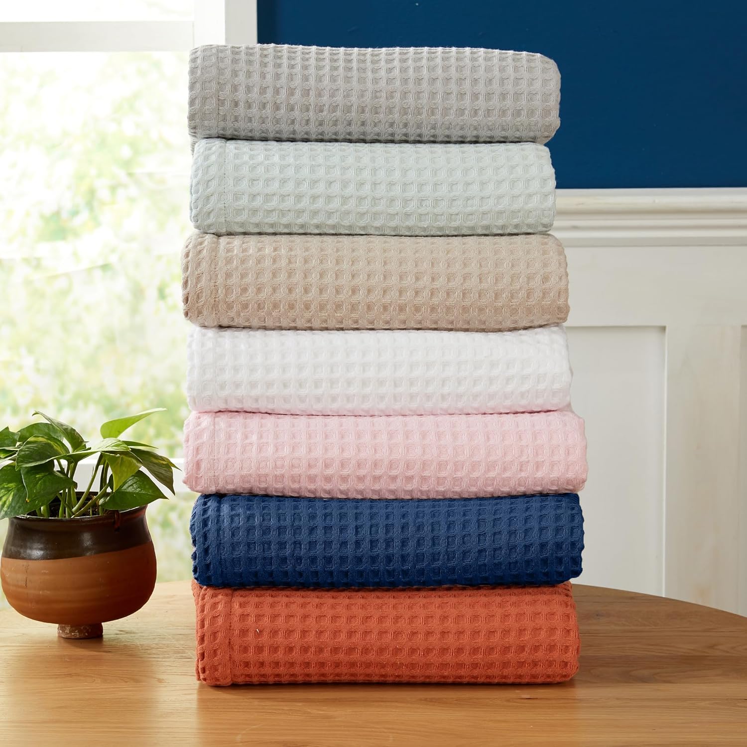 Manta de cama 100 % algodón con tejido de gofre, suave, transpirable y ligera para todas las estaciones, perfecta para usar en capas, colección