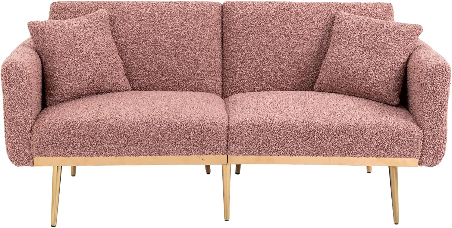 Kakotito Sofá biplaza de terciopelo moderno de mediados de siglo, sofá pequeño con 7 patas de metal dorado (peluche rosa cepillado)