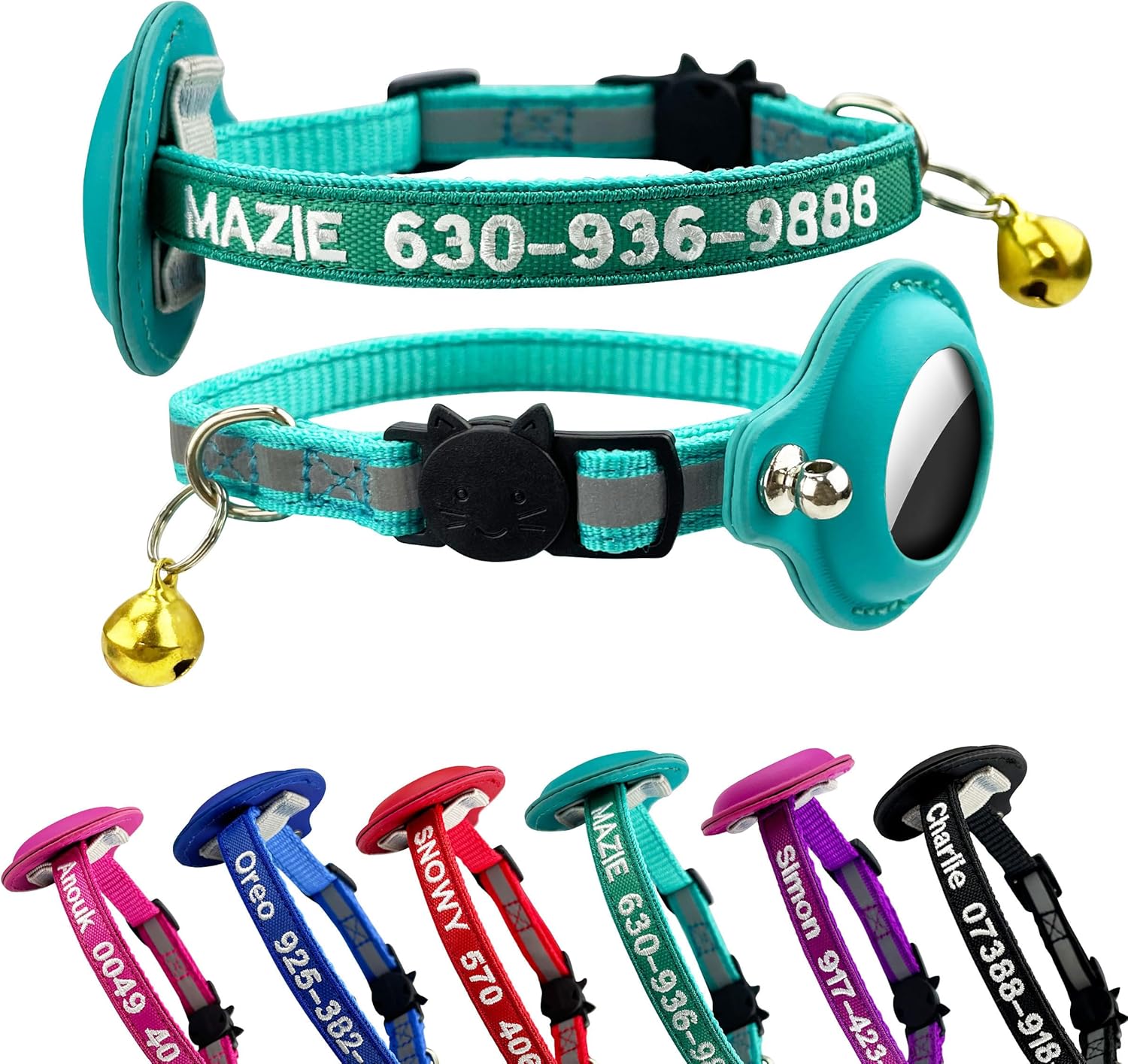 Collar para gatos Airtag, collar de identificación de gato personalizado de nailon bordado con nombre de mascota y número de teléfono con funda