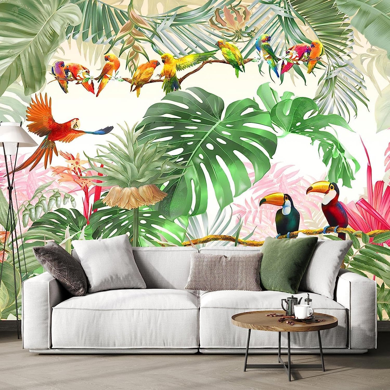 ZFBIZHI Papel tapiz tropical con hojas de plátano, Monstera y pájaro, para sala de estar, dormitorio, baño, oficina (no se pega ni se pega)