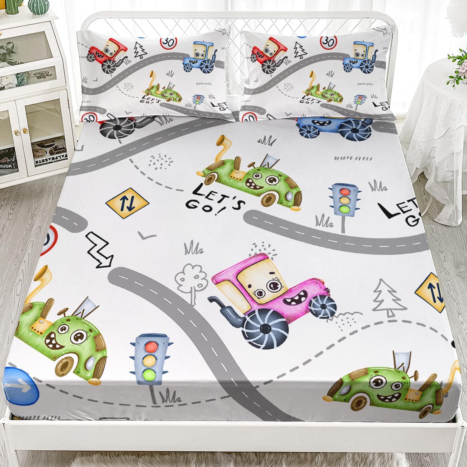 AILONEN Sábana bajera ajustable con diseño de caricaturas para niños y adolescentes, tamaño individual, con estampado de tractor de dibujos animados