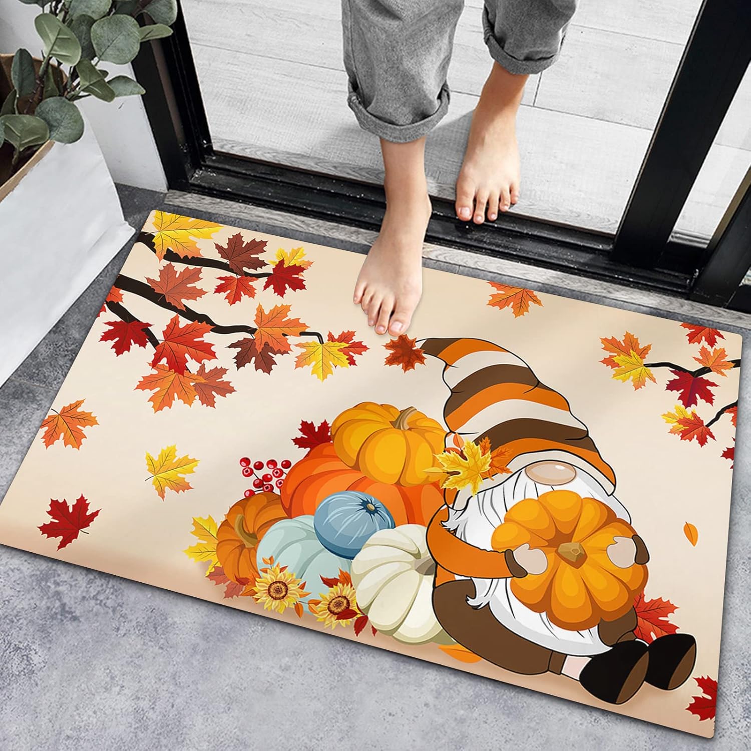 Bath Mat Non-Slip Indoor Doormats, Bath Rugs Autumn Cute Gnome with Pumpkin,Low-Profile Mats Kitchen Carpets for Home Bedroom Entrance Decor Fall