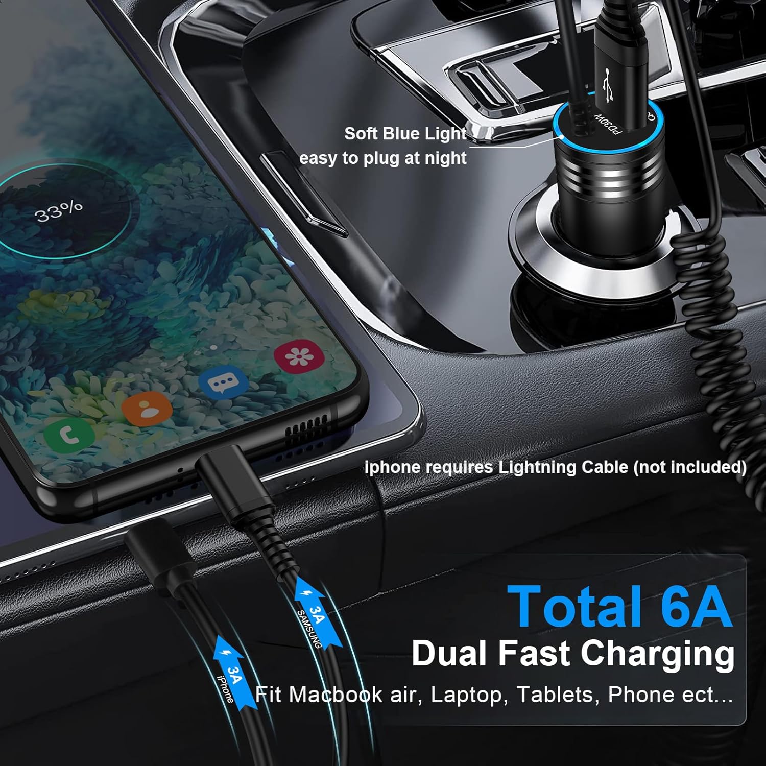 Cargador de coche Android Auto de 48 W, cable USB C retráctil para teléfono rápido, cable de carga en espiral tipo C de 3 pies y 6 pies para Samsung