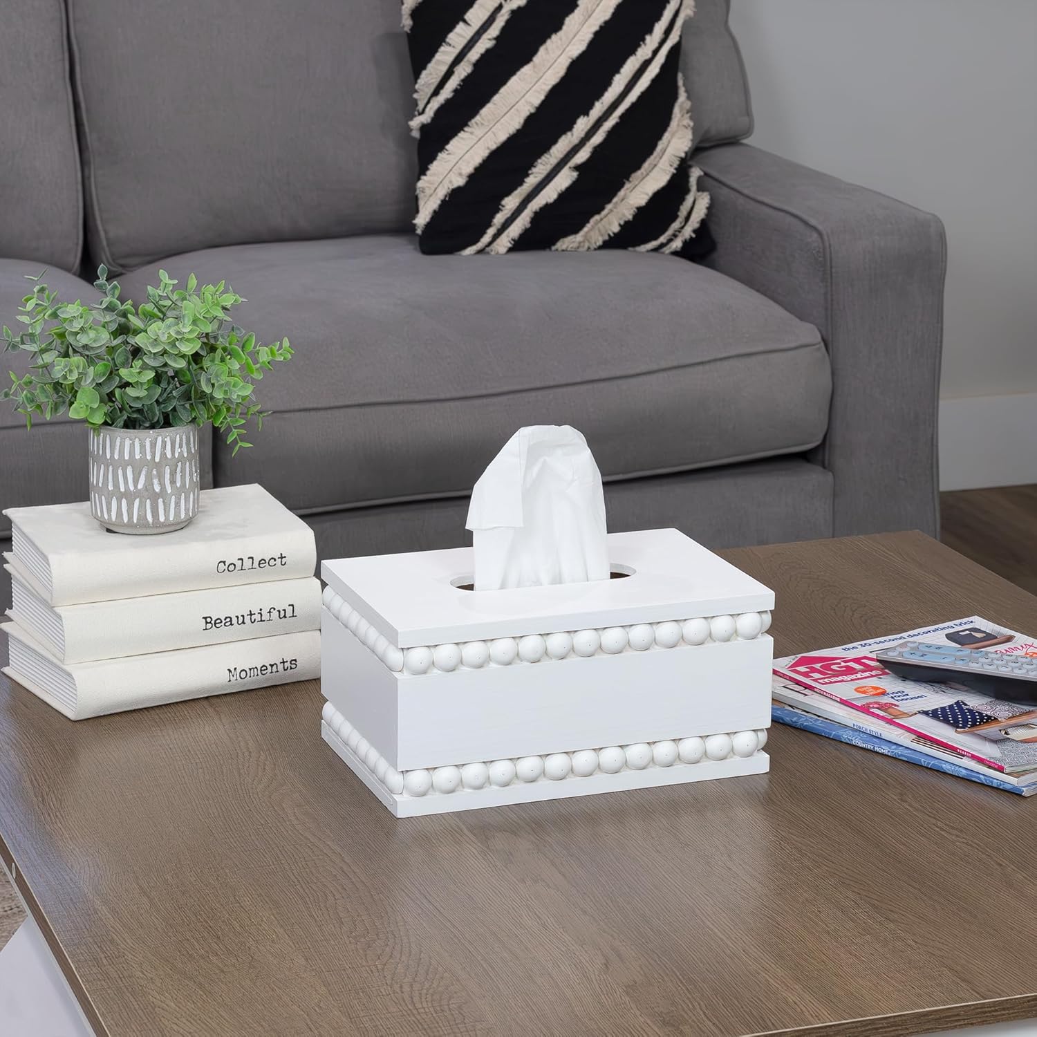 AuldHome – Funda rectangular para caja de pañuelos con cuentas (blanca) soporte oblongo, de madera rústica