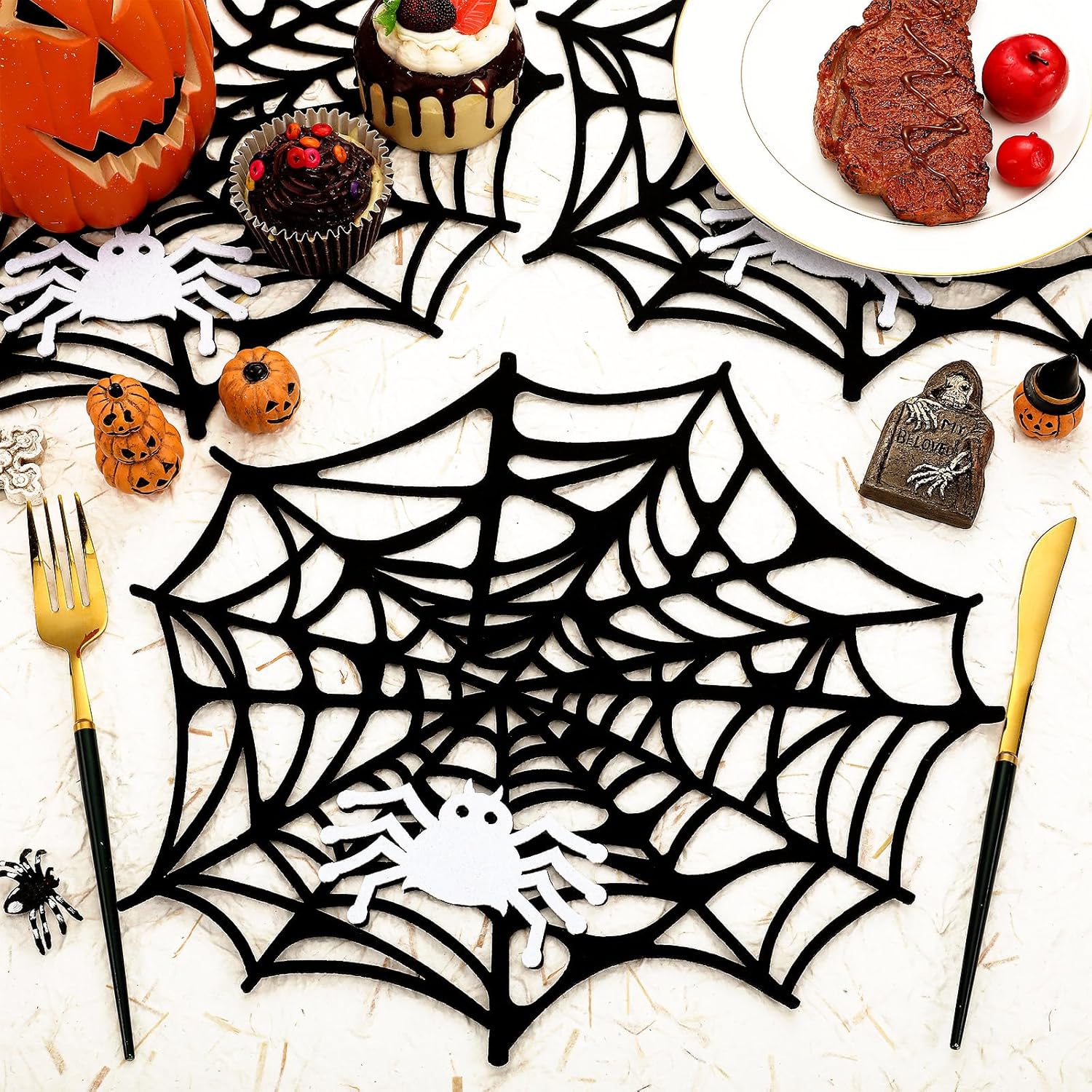 Newwiee Manteles individuales de araña de Halloween de 13 pulgadas, decoración de mesa de Halloween con bonitos manteles individuales de telaraña,