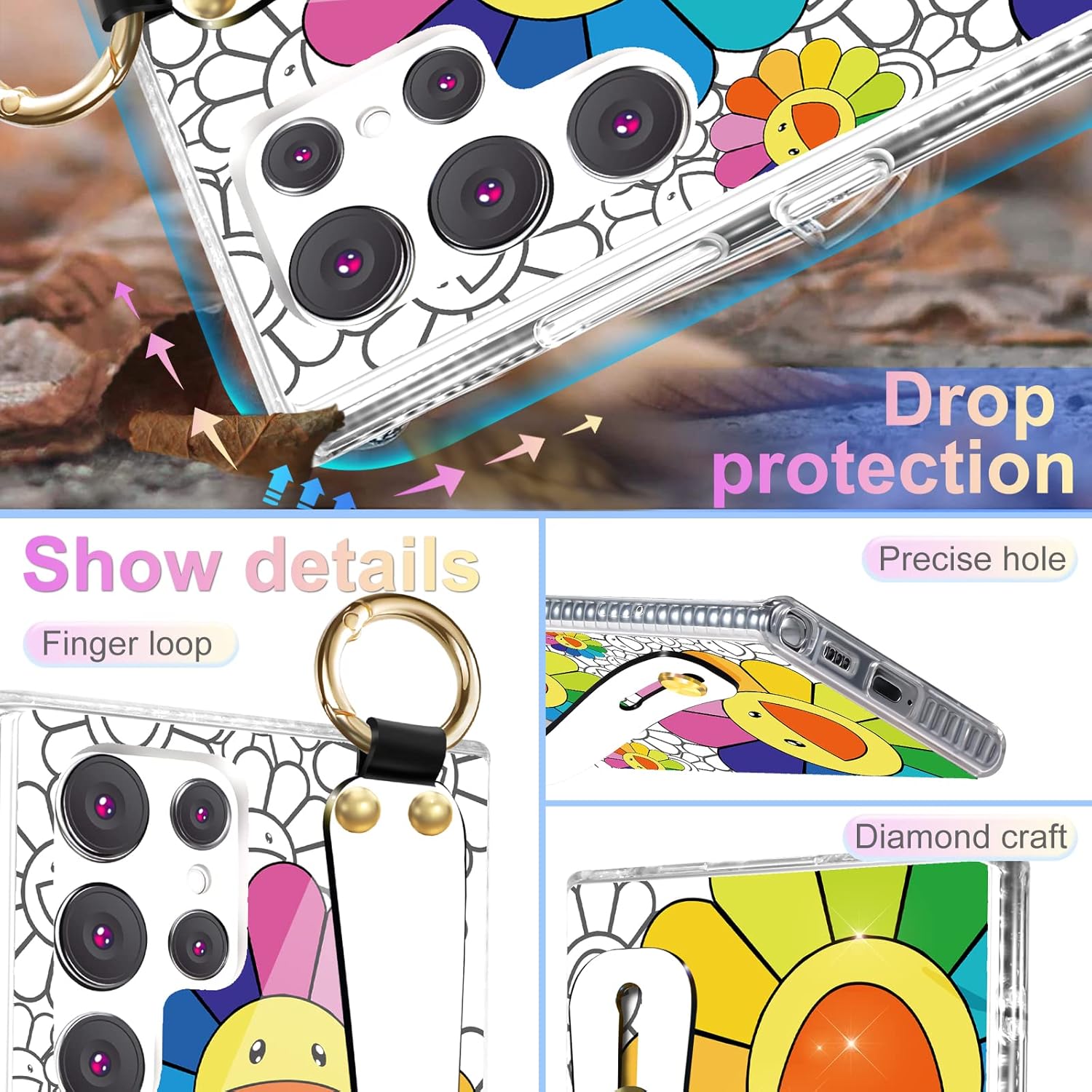 Funda de moda con diseño de flores divertidas para Samsung Galaxy S22 Ultra con correa para la muñeca para niñas y mujeres, con bonito personaje de