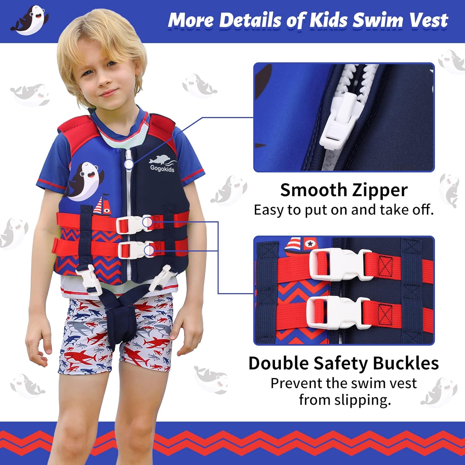 Gogokids Chaleco de natación para niños, flotadores para niños pequeños, para aprender a nadar, chaqueta flotante con correa de seguridad ajustable,