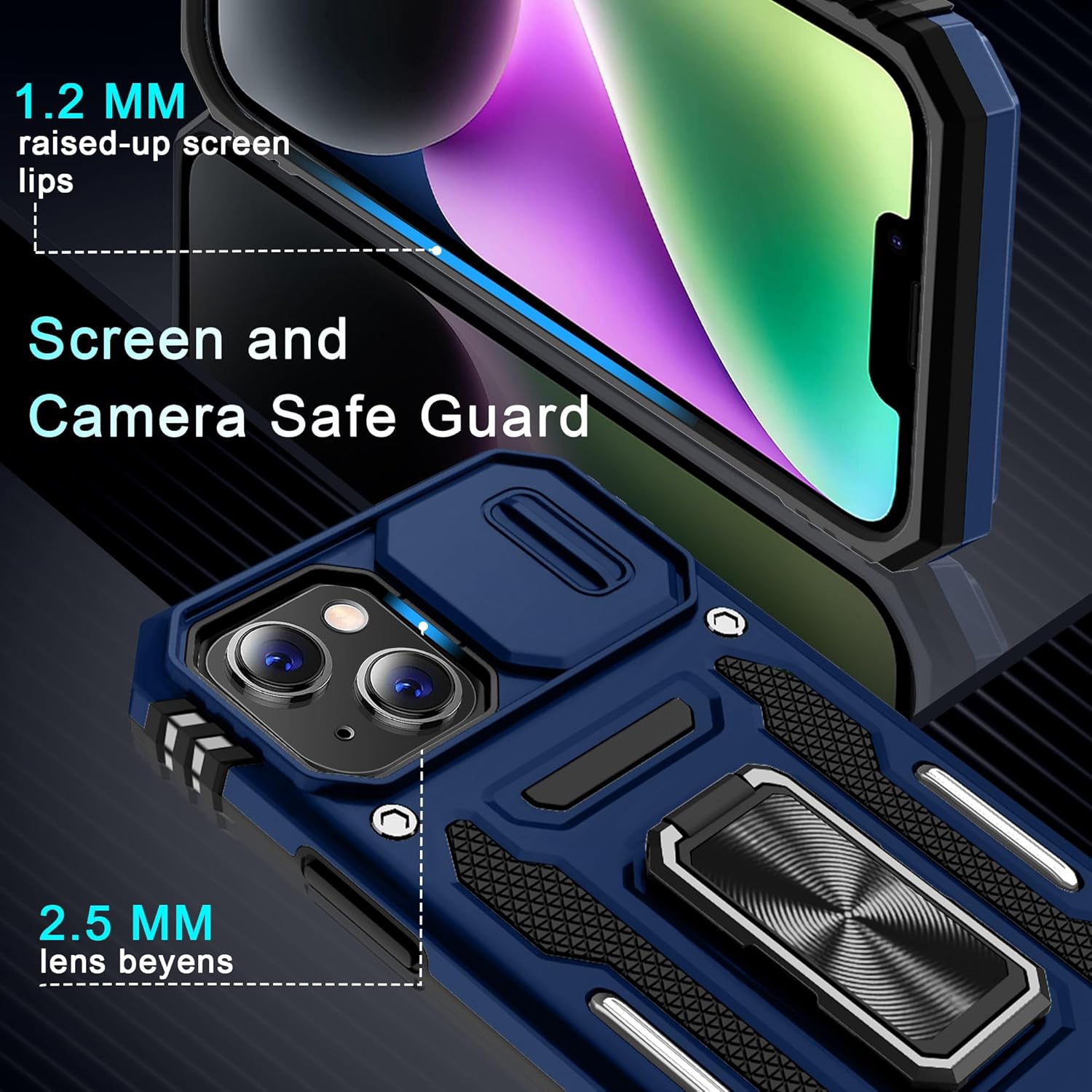 DEERLAMN Funda para iPhone 13, iPhone 14 con cubierta deslizante para cámara + protector de pantalla (2 unidades), soporte de anillo giratorio de