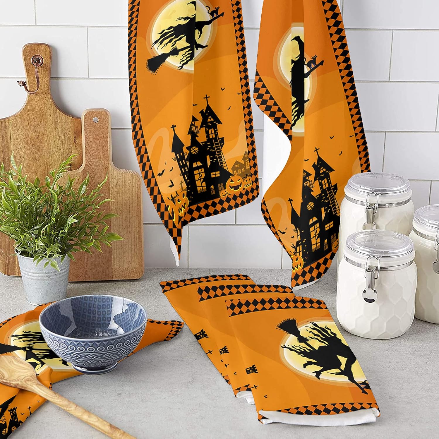 Paquete de 2 toallas de cocina y paños de cocina, gato negro Jack-O’-Lanterns Haunted House Midnight Bats Graves de 18 x 28 pulgadas, toallas de