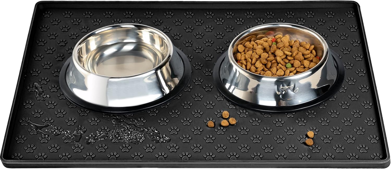Tapete de comida para perros y gatos para el piso, tapete para alimentación de perros y agua, bordes elevados para alimentos y gatos, tapete para