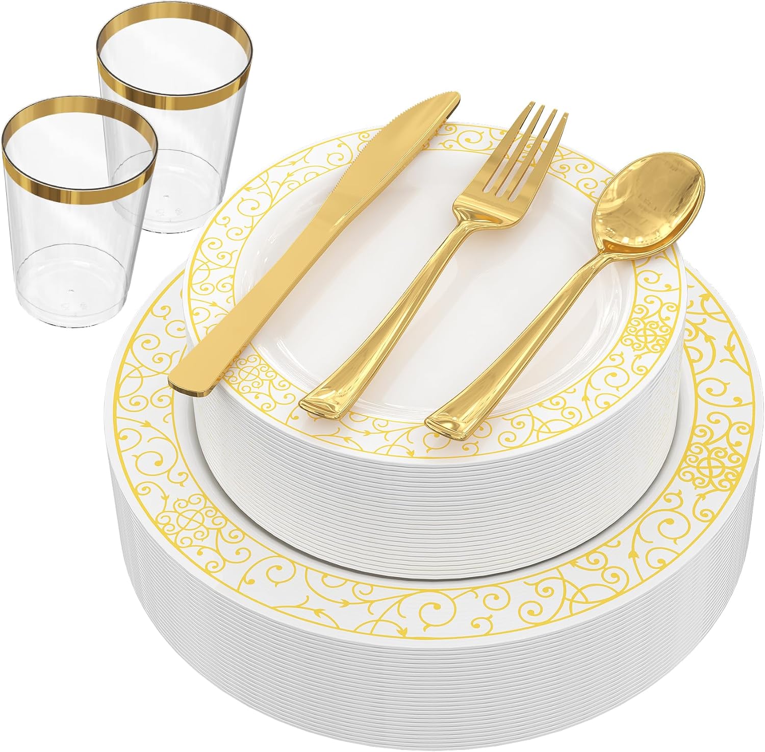 GreenElevate Platos de plástico, 150 platos desechables de plástico para 25 invitados 25 platos llanos, 25 platos de postre, 25 tenedores, 25