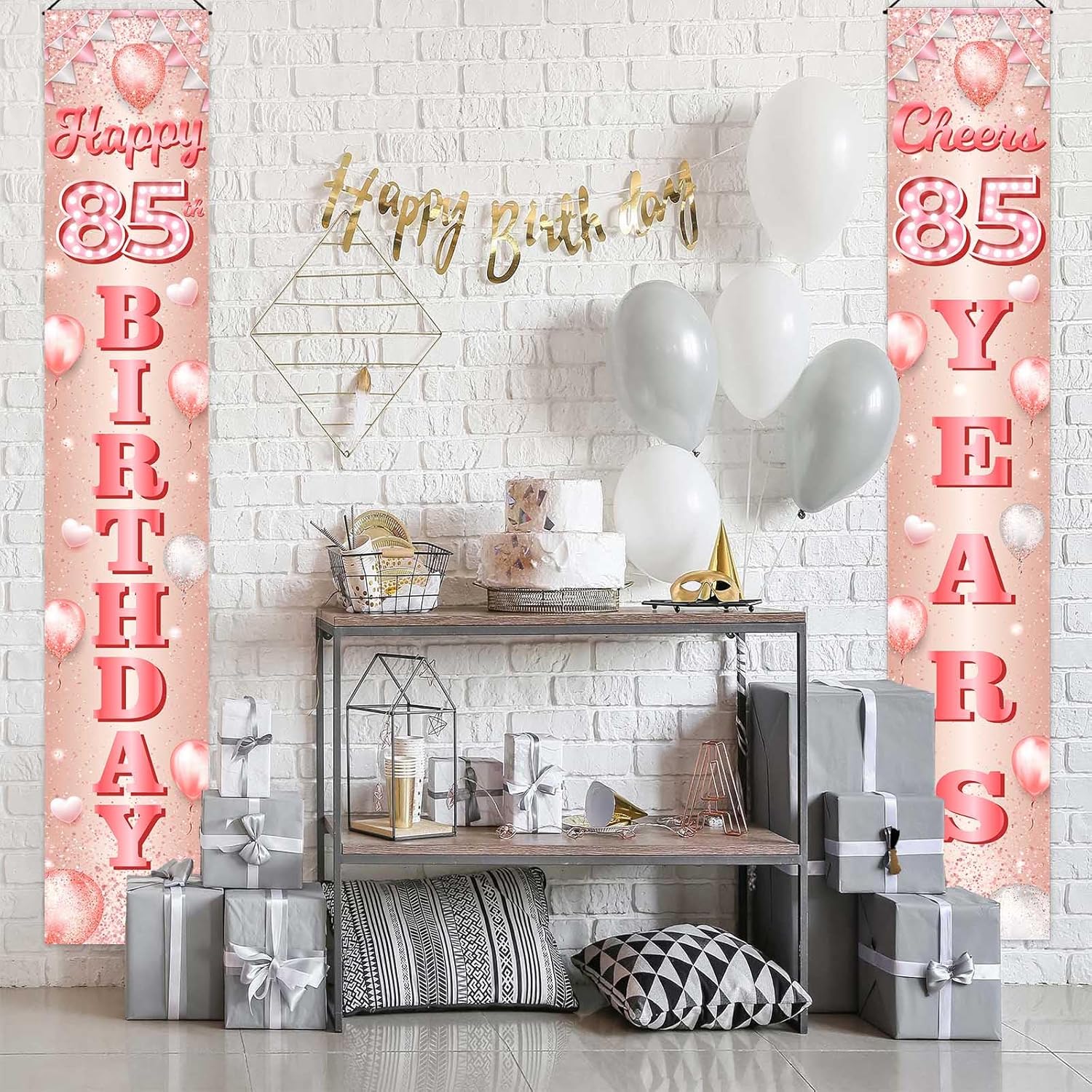 Cartel de feliz cumpleaños 85 de oro rosa, telón de fondo de globos de confeti de 85 años, decoración temática de globos de confeti para mujeres de