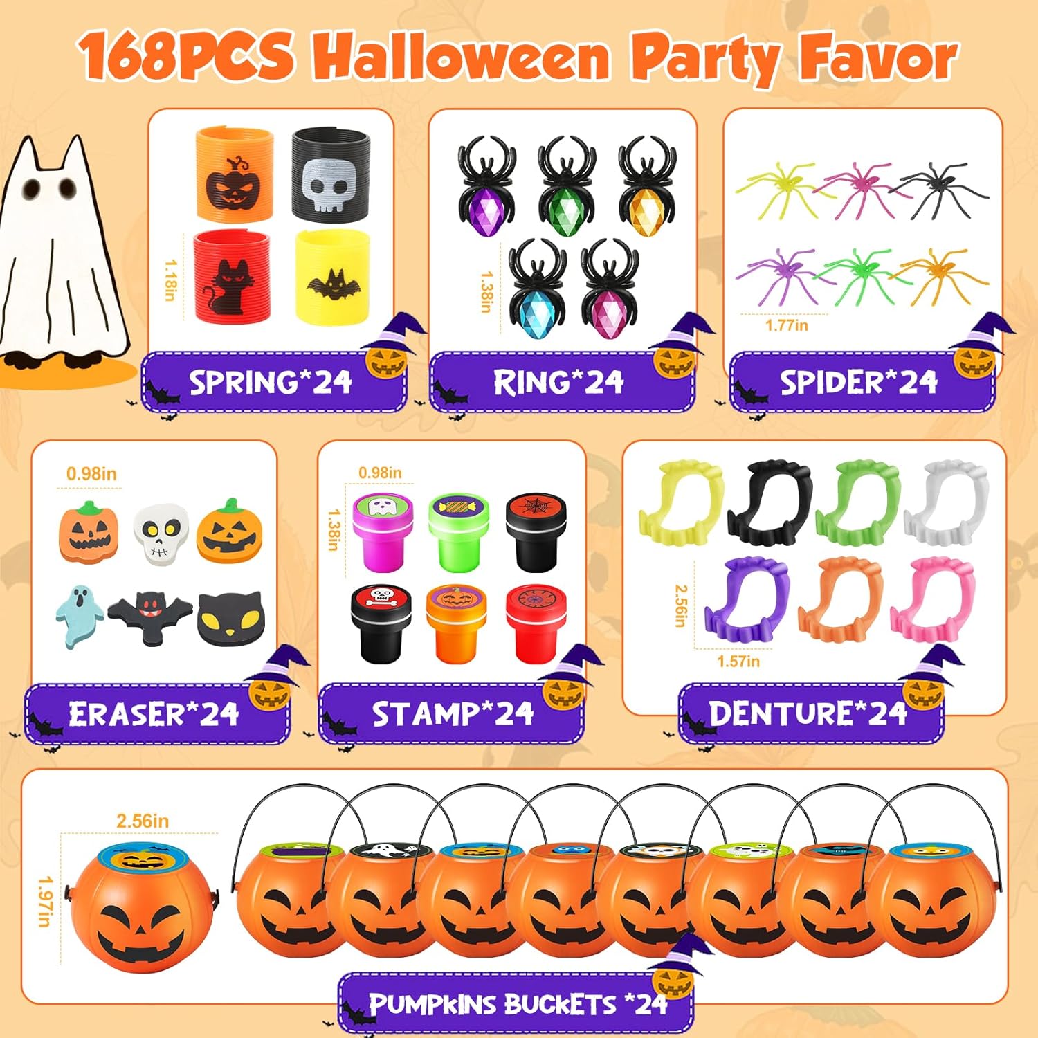 168 piezas de recuerdos de fiesta de Halloween para niños, paquete de 24 calabazas precargadas de Halloween con juguetes, araña, dientes de vampiro,