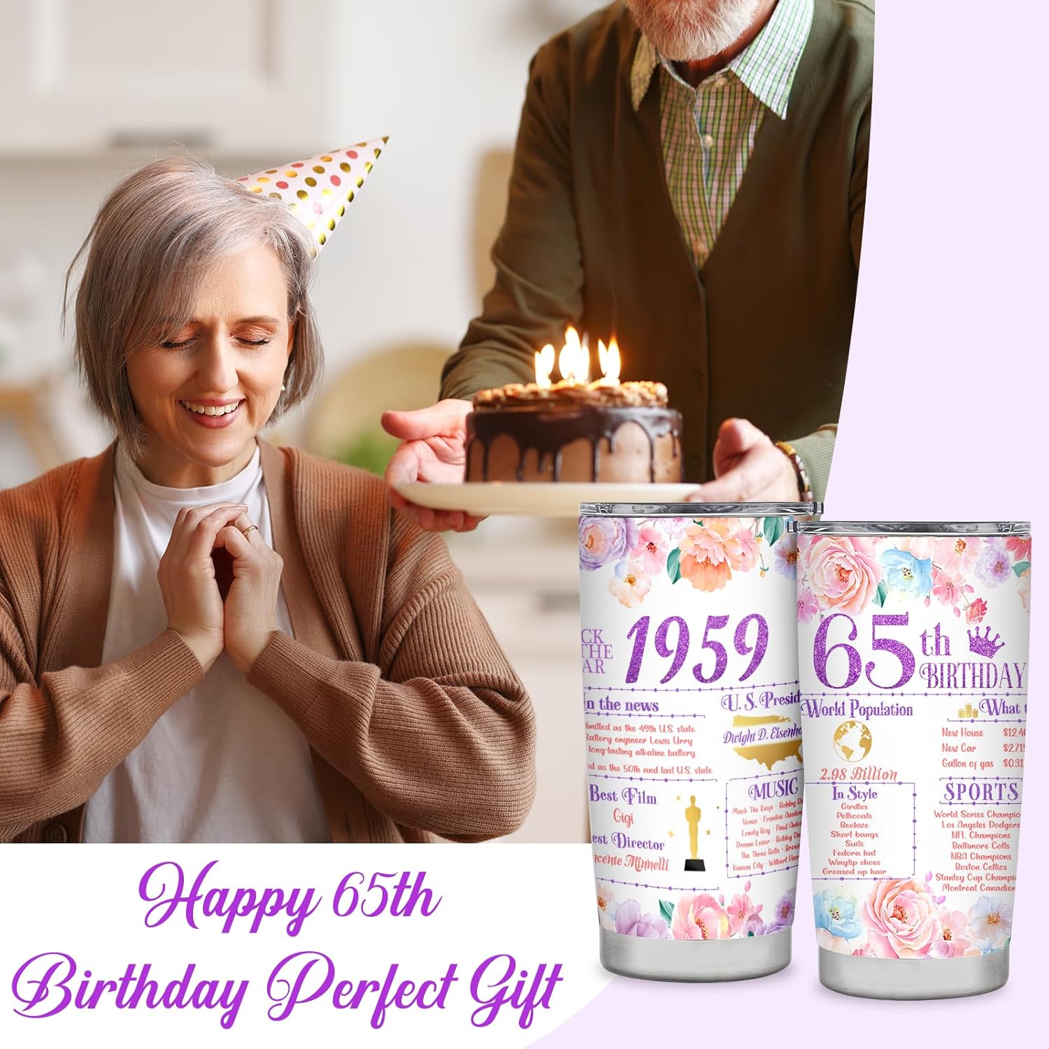 Regalos de cumpleaños 65 para mujeres, vaso de cumpleaños 65, ideas de regalo, regalo de cumpleaños de 65 años para mamá, abuela, decoraciones de