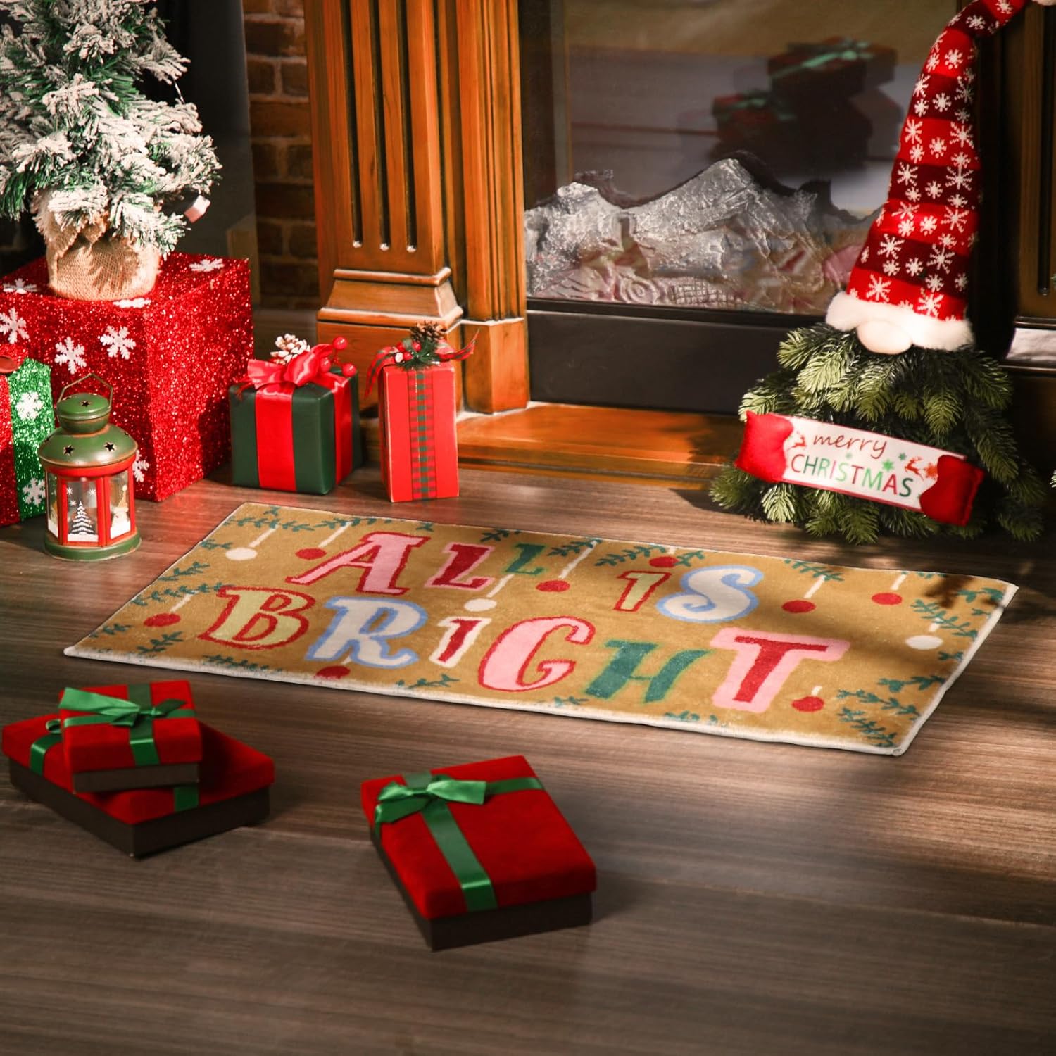 Timgle Tapete de puerta de Navidad de felpa colorida, decoración brillante, tapete de bienvenida para interiores y exteriores, antideslizante, con