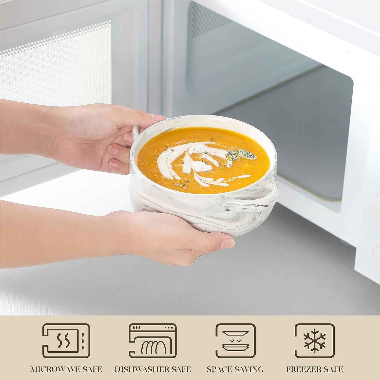 MALACASA Tazones de sopa de cebolla francesa, cuencos grandes de cerámica de 26 onzas con asas, juego de 4 tazones de sopa para servir para
