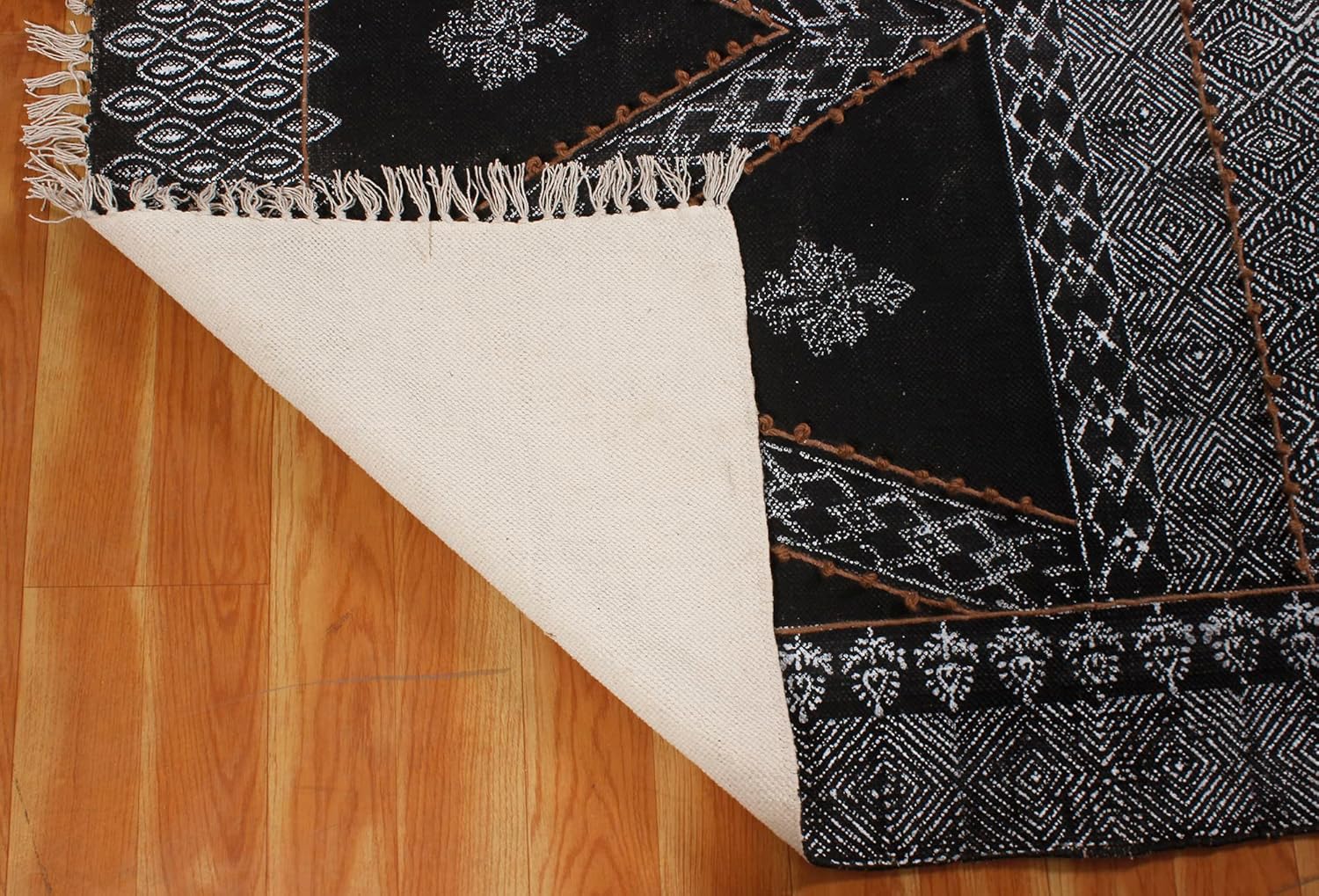 CASAVANI Collection – Alfombra cuadrada de 9 x 9 pies, alfombra geométrica Kilim Dhurrie de algodón negro, alfombra de uso para interiores y